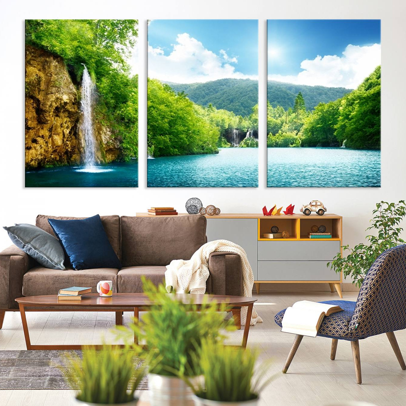 -Wall Art Waterfall Canvas Print Big Waterfalls in Forest with Mountain View