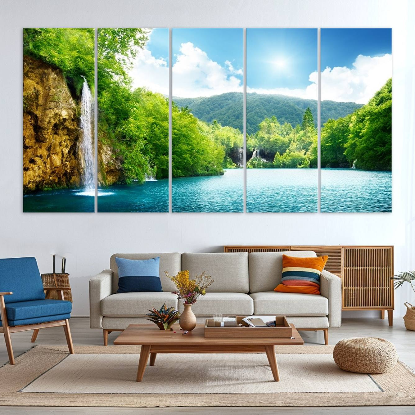 -Wall Art Waterfall Canvas Print Big Waterfalls in Forest with Mountain View