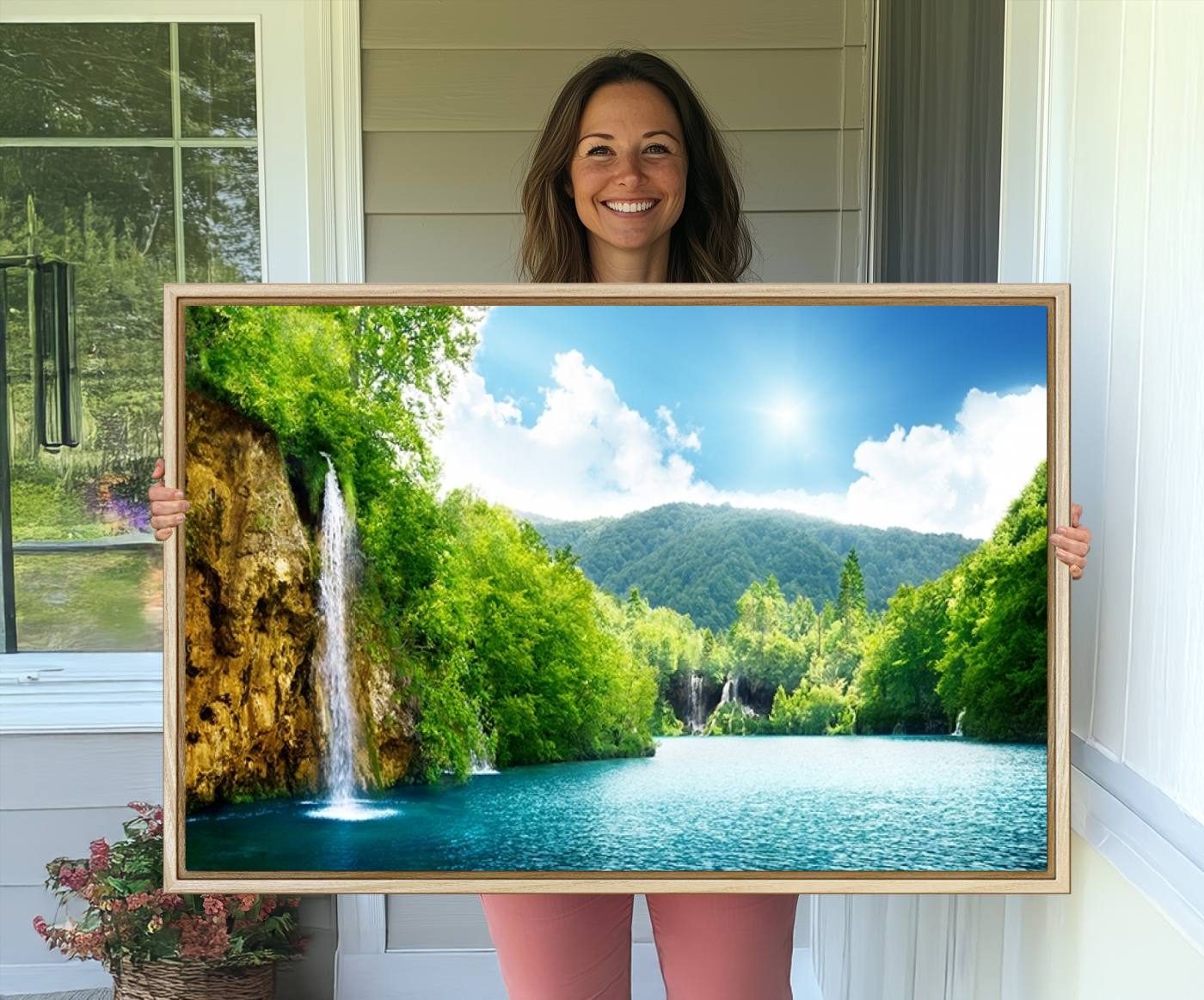 -Wall Art Waterfall Canvas Print Big Waterfalls in Forest with Mountain View