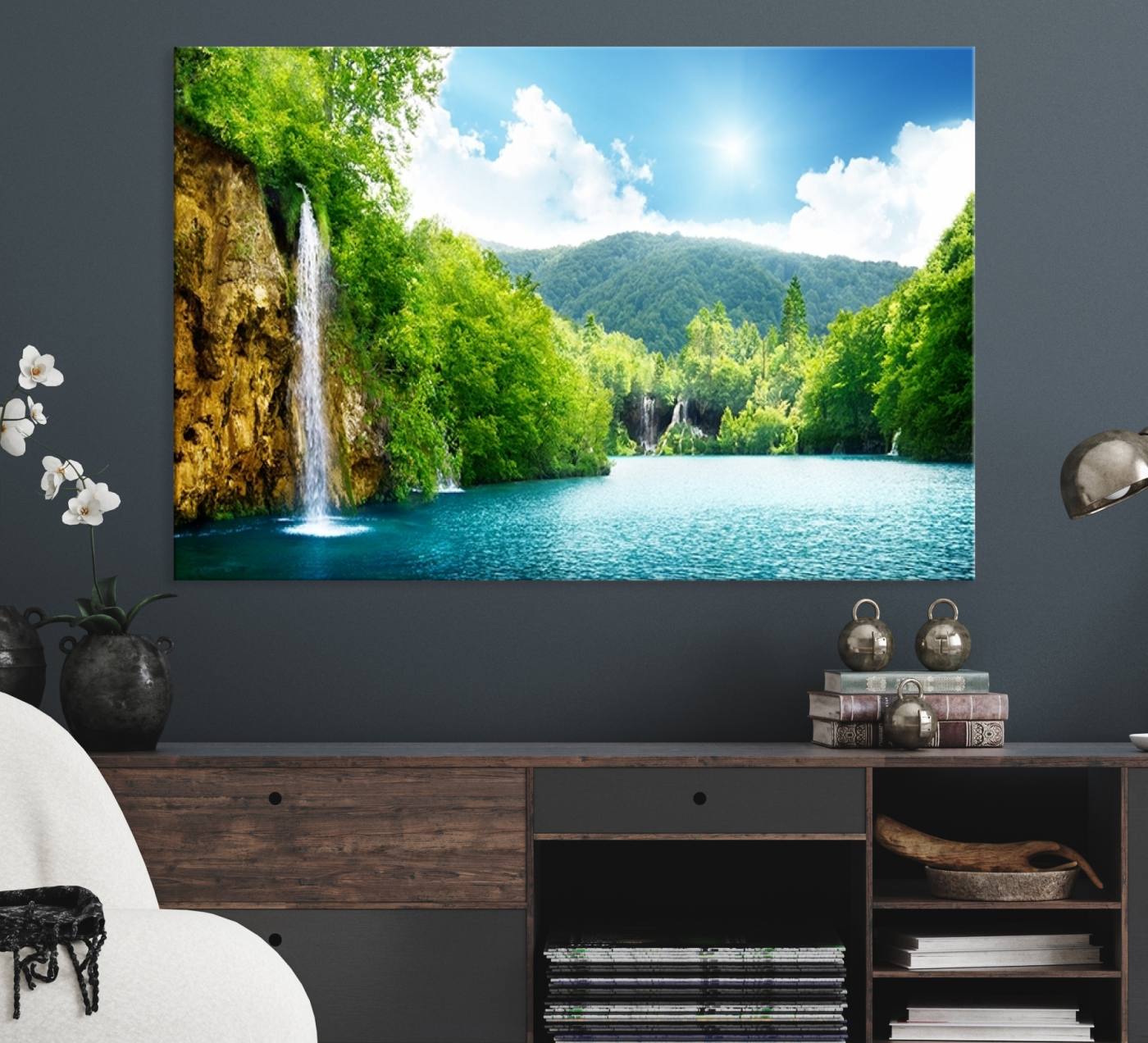 -Wall Art Waterfall Canvas Print Big Waterfalls in Forest with Mountain View