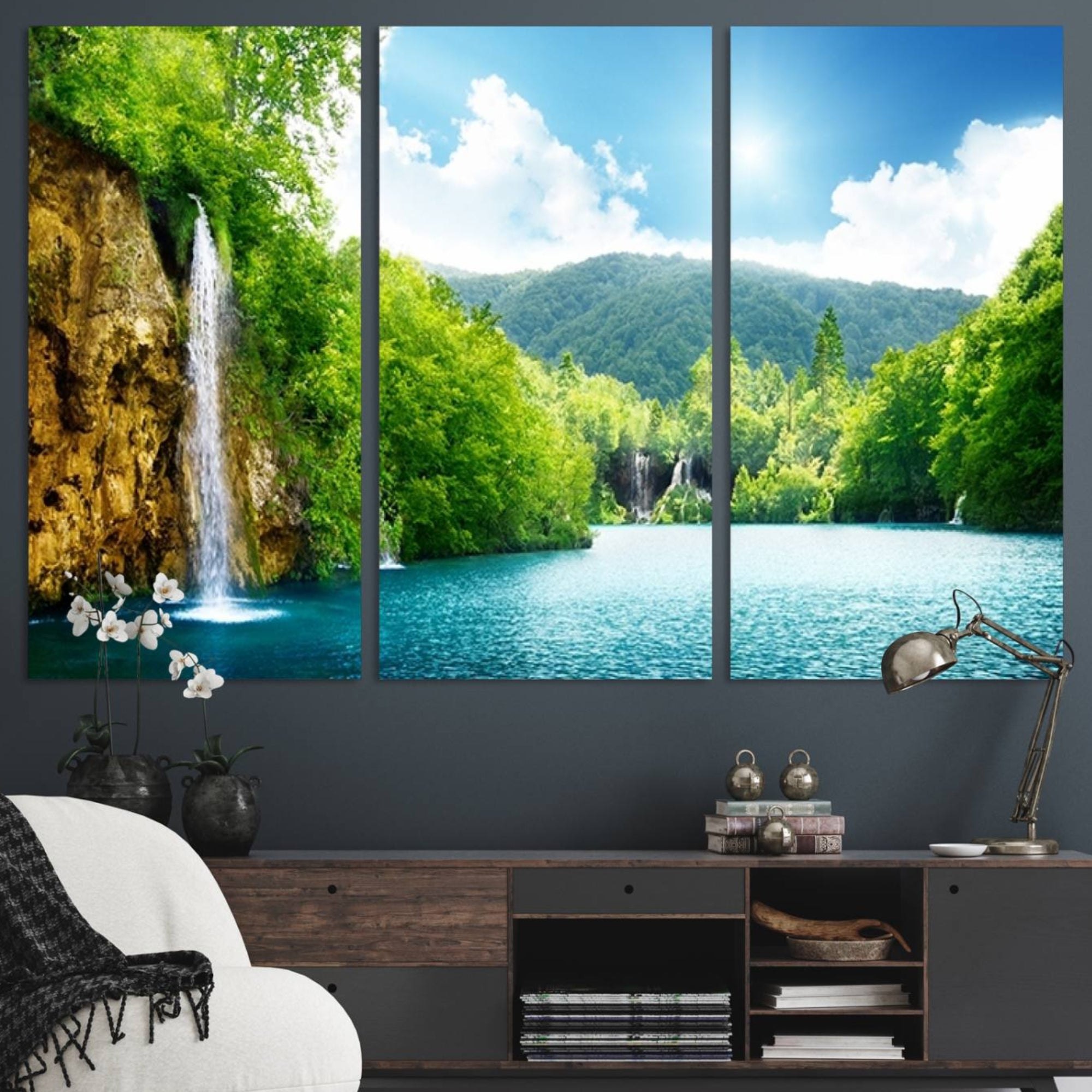 77184-MGV-CV-48X32-3P-Wall Art Waterfall Canvas Print Big Waterfalls in Forest with Mountain View