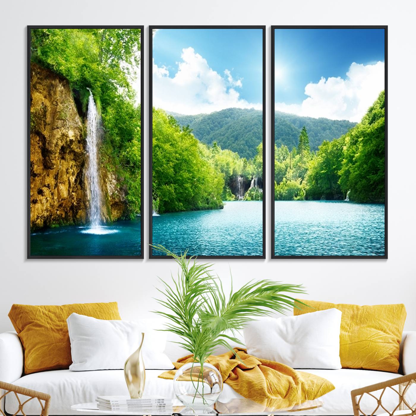 77184-MGV-FC-48X32-3P_Black-Wall Art Waterfall Canvas Print Big Waterfalls in Forest with Mountain View