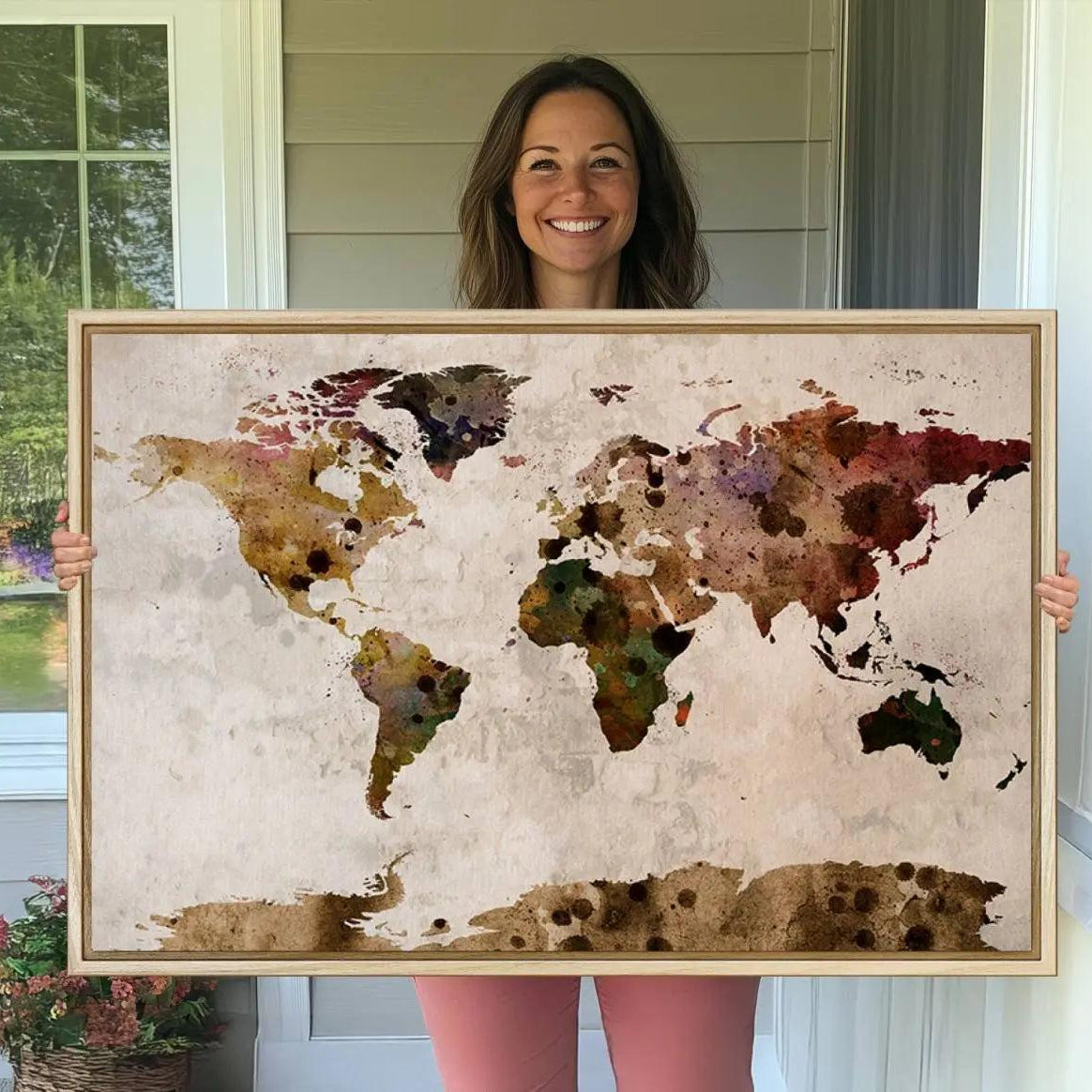 -Push Pin World Map Canvas Print – Framed Wall Art for Couples to Track Their Travels – Anniversary