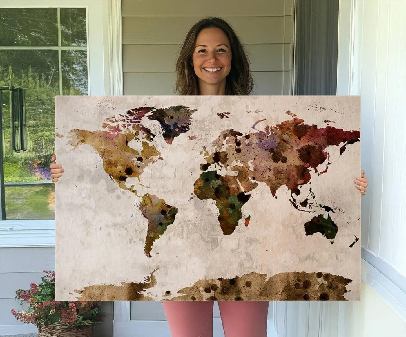 18684-MGV-CV-36X24-Push Pin World Map Canvas Print – Travel Tracker Wall Art for Couples, Perfect Anniversary Gift for Home or Office Decor