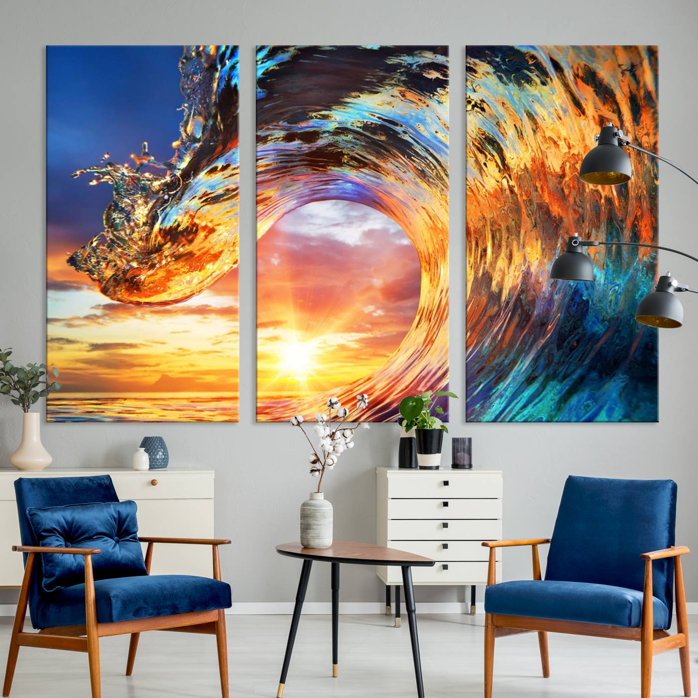 -Wave Canvas Wall Art – Multi-Panel Sunset Ocean Scene – Bold and Vibrant Decor for Living Room or