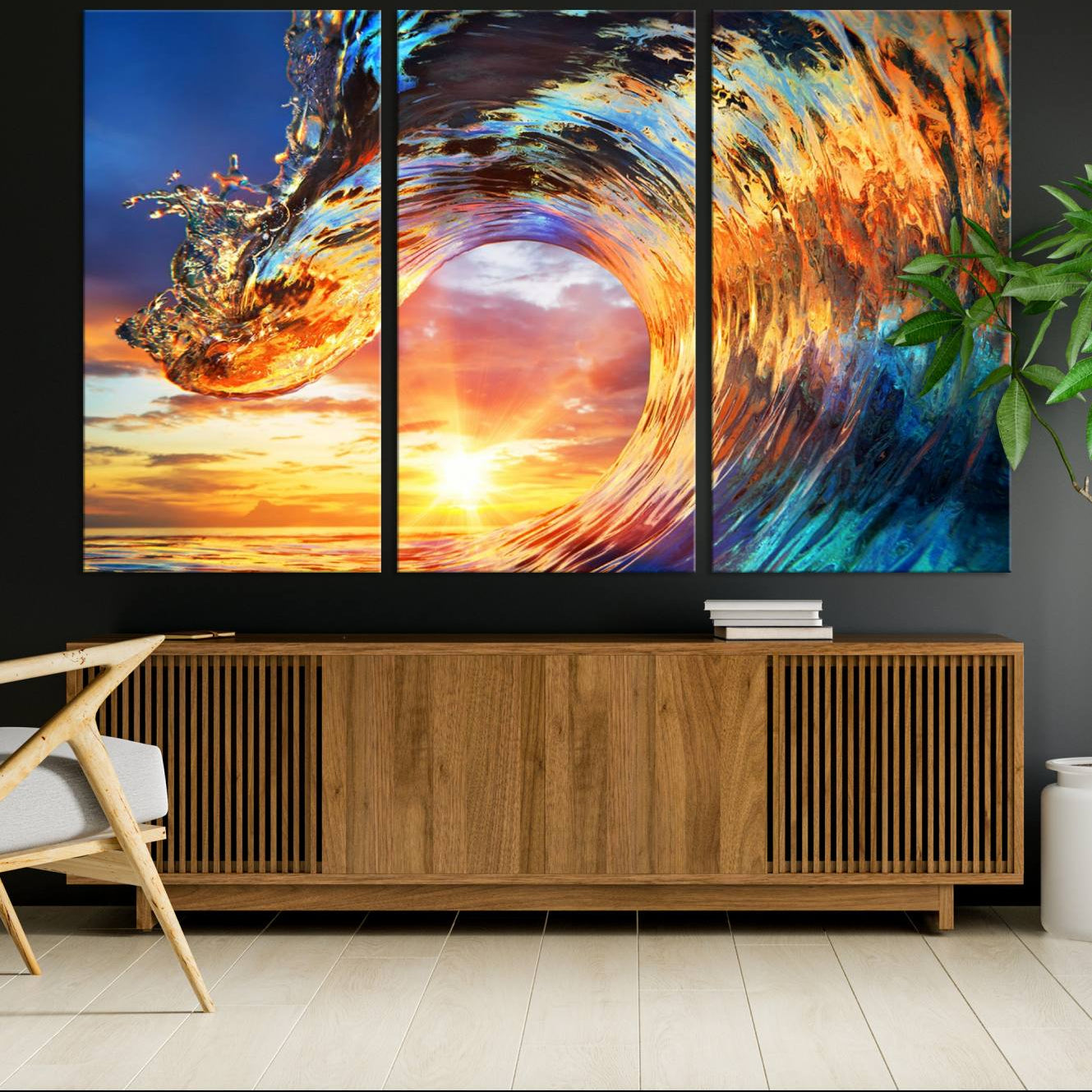 -Wave Canvas Wall Art – Multi-Panel Sunset Ocean Scene – Bold and Vibrant Decor for Living Room or