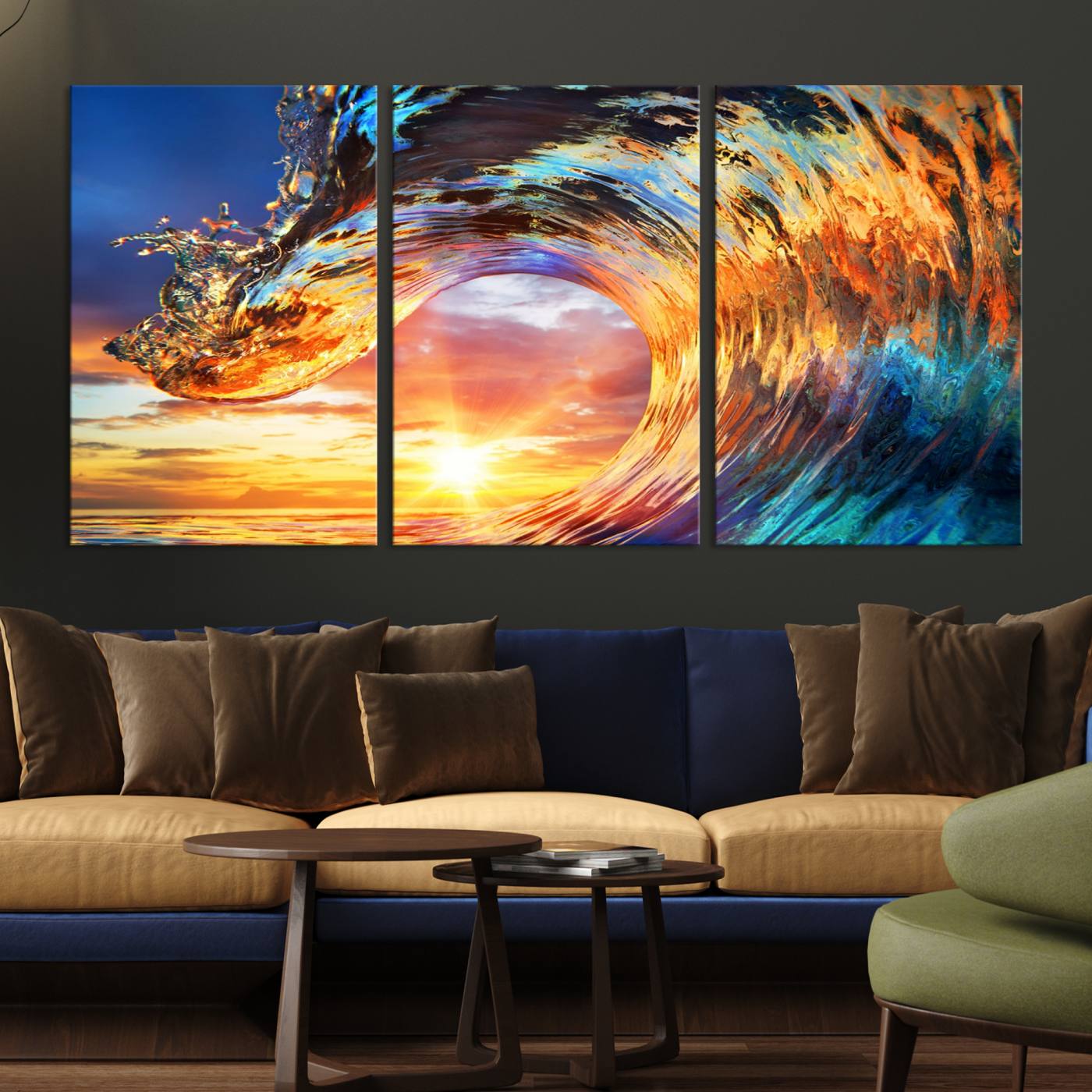 -Wave Canvas Wall Art – Multi-Panel Sunset Ocean Scene – Bold and Vibrant Decor for Living Room or