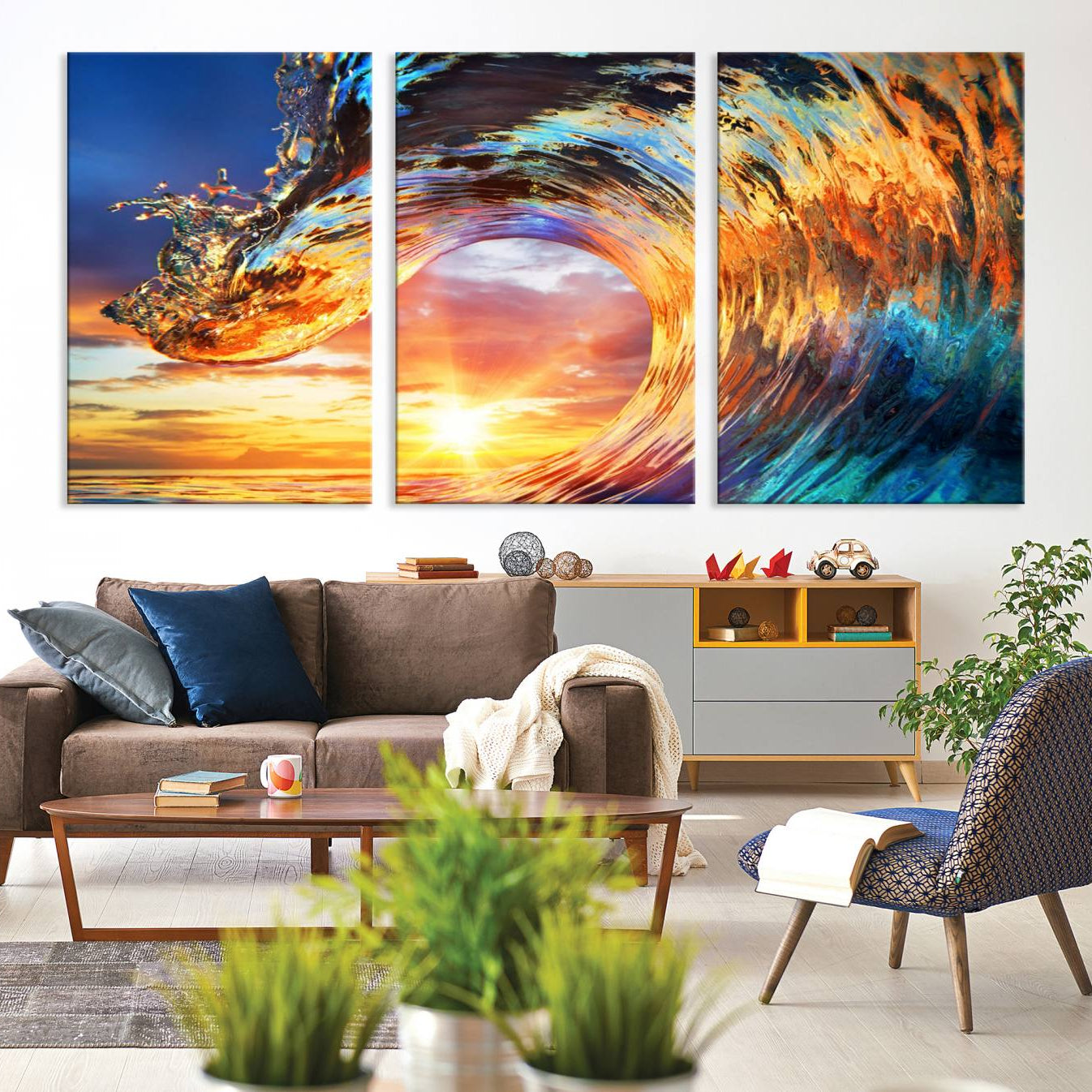 -Wave Canvas Wall Art – Multi-Panel Sunset Ocean Scene – Bold and Vibrant Decor for Living Room or