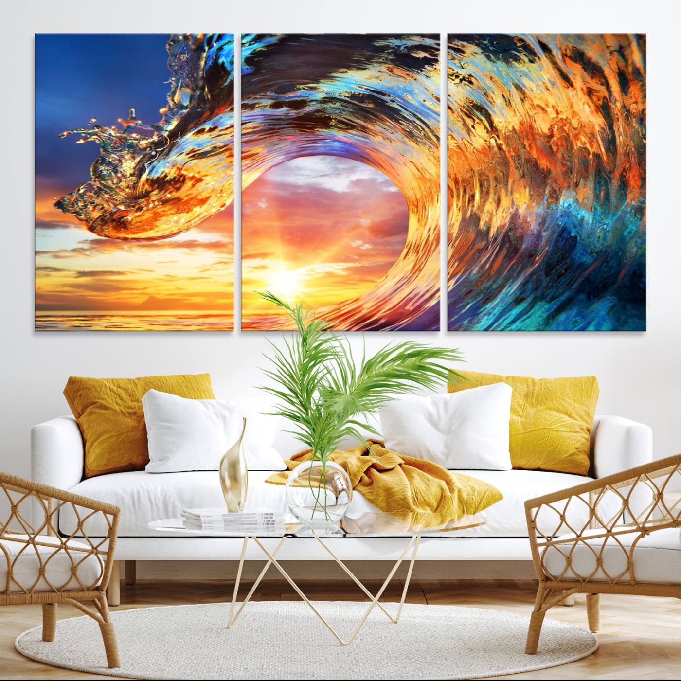 -Wave Canvas Wall Art – Multi-Panel Sunset Ocean Scene – Bold and Vibrant Decor for Living Room or