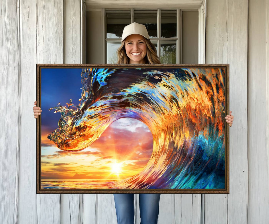 Fiery Wave Canvas Wall Art | Multi Panel Sunset Ocean Scene