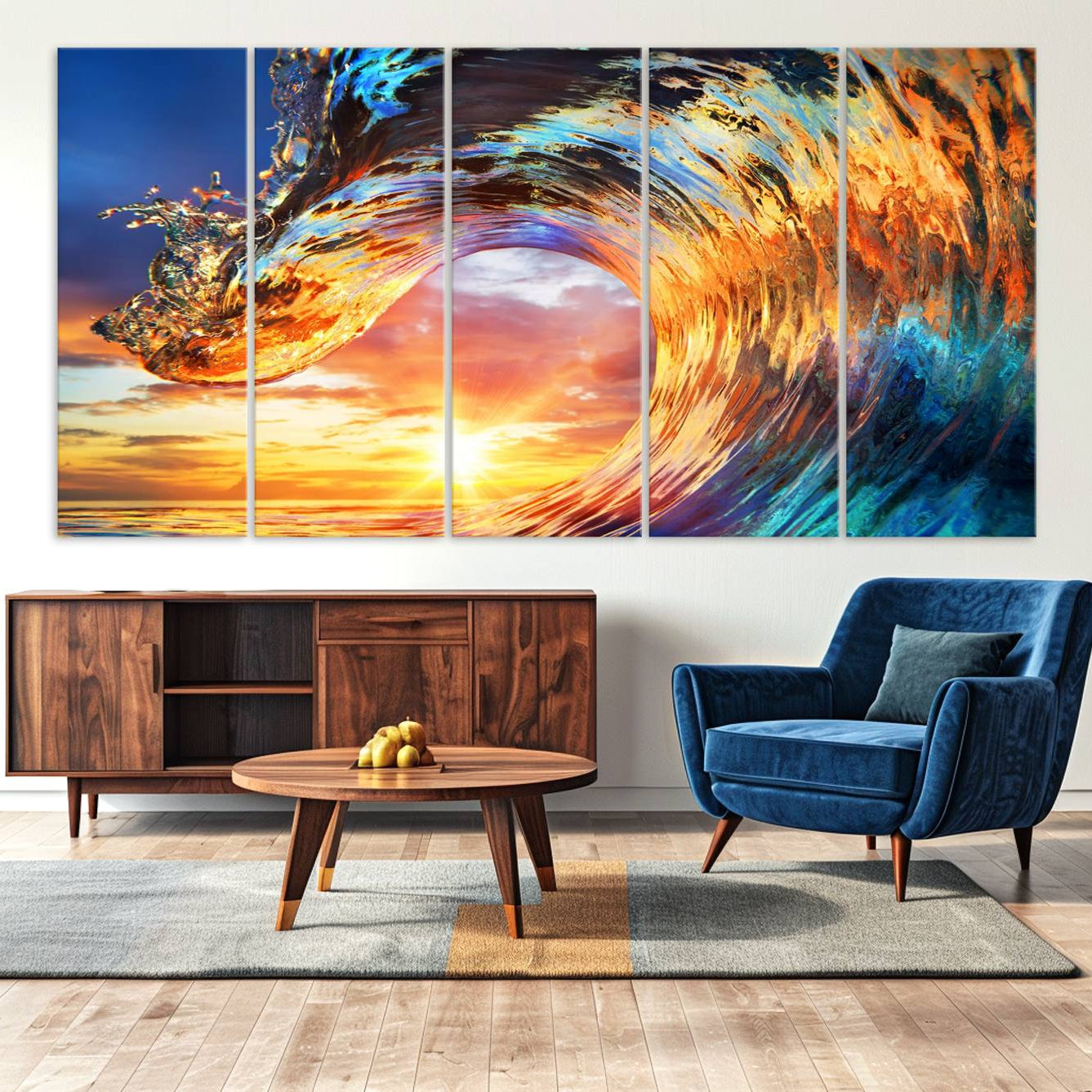 -Wave Canvas Wall Art – Multi-Panel Sunset Ocean Scene – Bold and Vibrant Decor for Living Room or