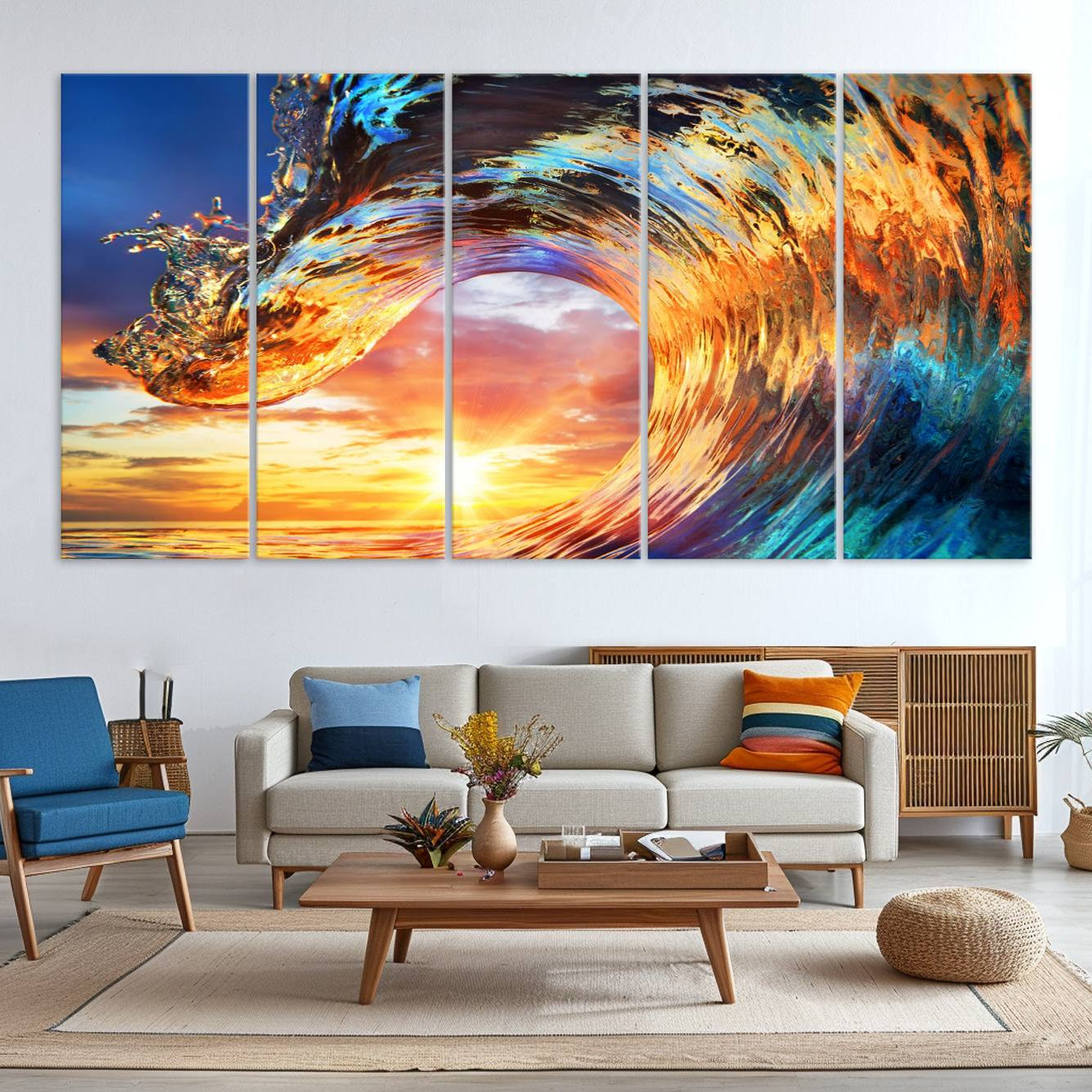 -Wave Canvas Wall Art – Multi-Panel Sunset Ocean Scene – Bold and Vibrant Decor for Living Room or