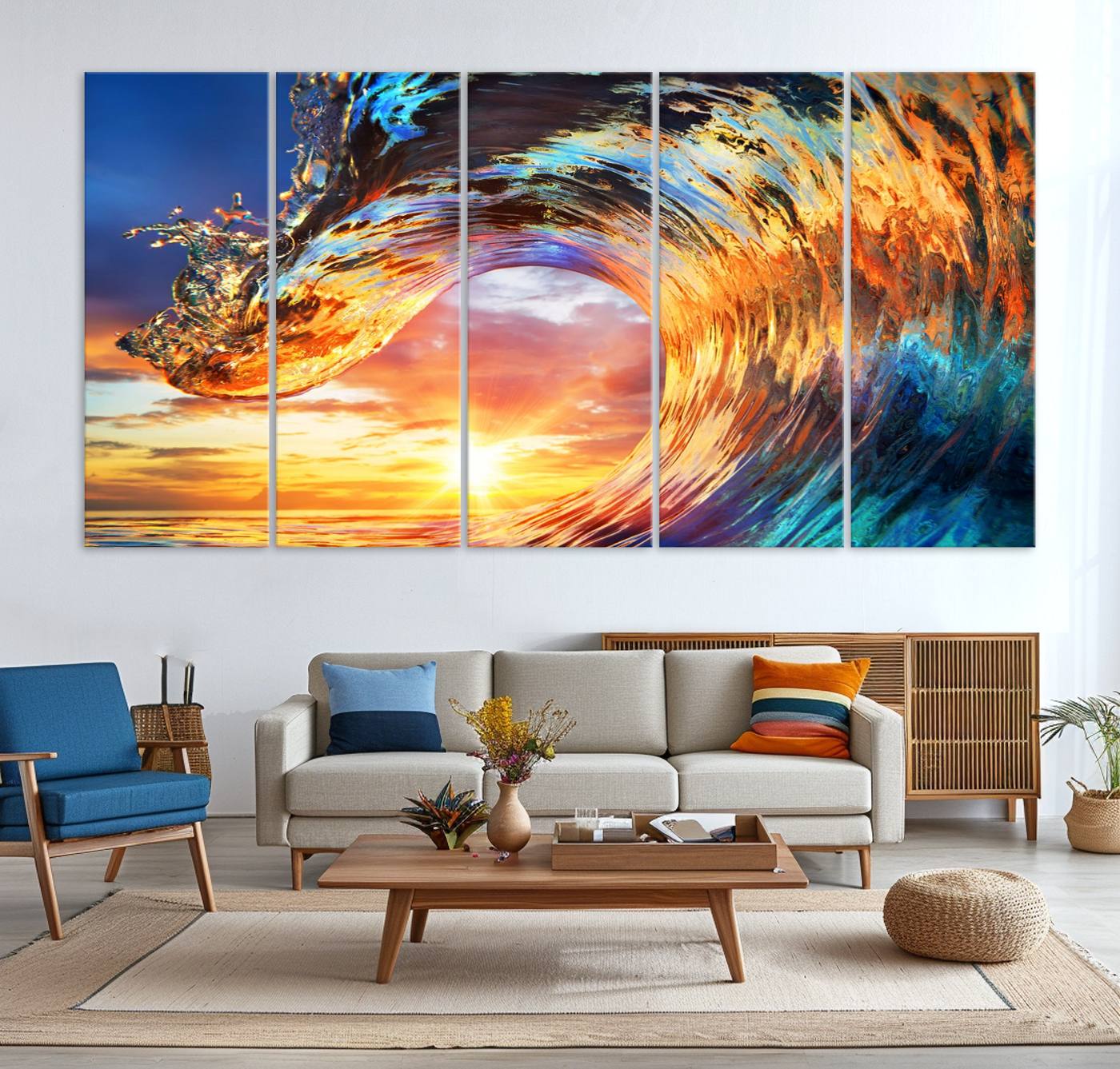-Wave Canvas Wall Art – Multi-Panel Sunset Ocean Scene – Bold and Vibrant Decor for Living Room or