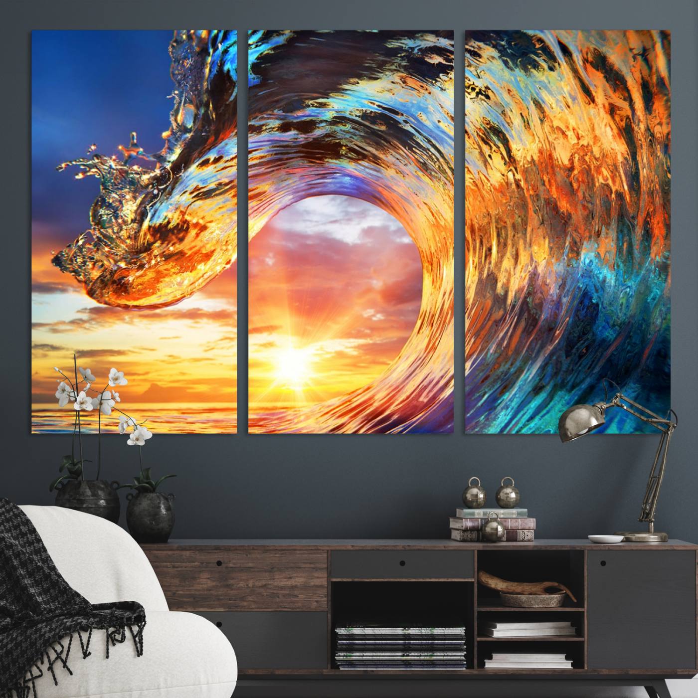 52890-MGV-CV-48X32-3P-Wave Canvas Wall Art – Multi-Panel Sunset Ocean Scene – Bold and Vibrant Decor for Living Room or