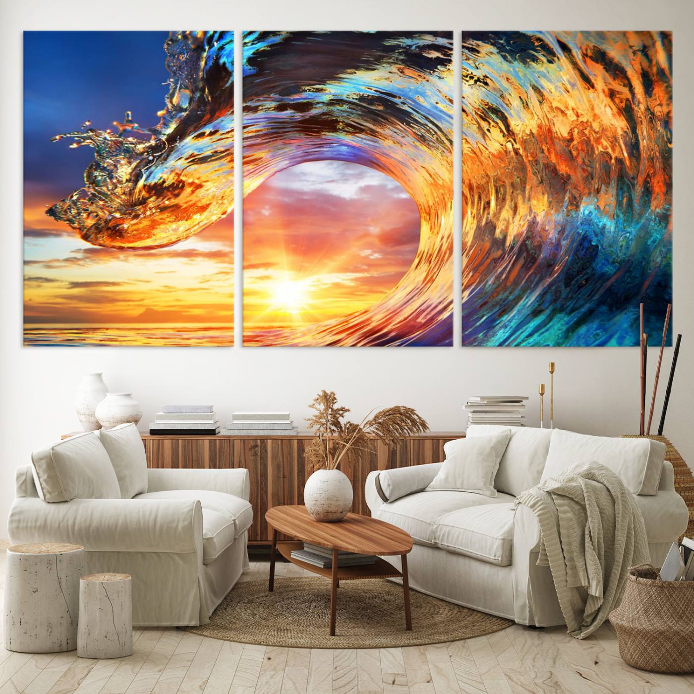 52890-MGV-CV-60X30-3P-Wave Canvas Wall Art – Multi-Panel Sunset Ocean Scene – Bold and Vibrant Decor for Living Room or