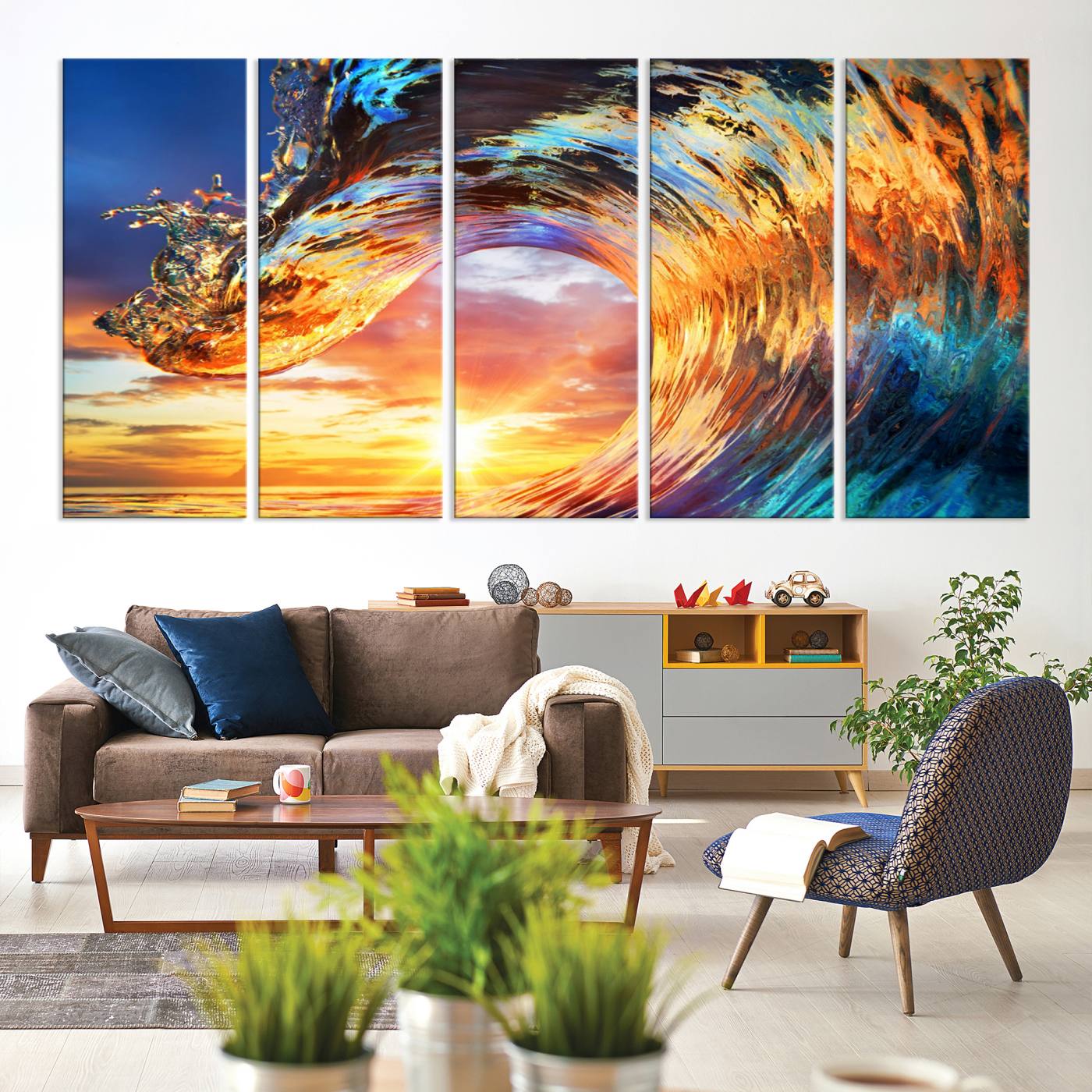 52890-MGV-CV-60X31-5P-Wave Canvas Wall Art – Multi-Panel Sunset Ocean Scene – Bold and Vibrant Decor for Living Room or
