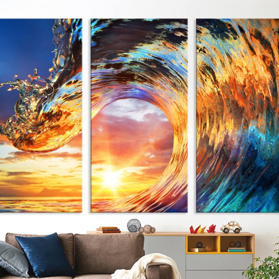 -Wave Canvas Wall Art – Multi-Panel Sunset Ocean Scene – Bold and Vibrant Decor for Living Room or