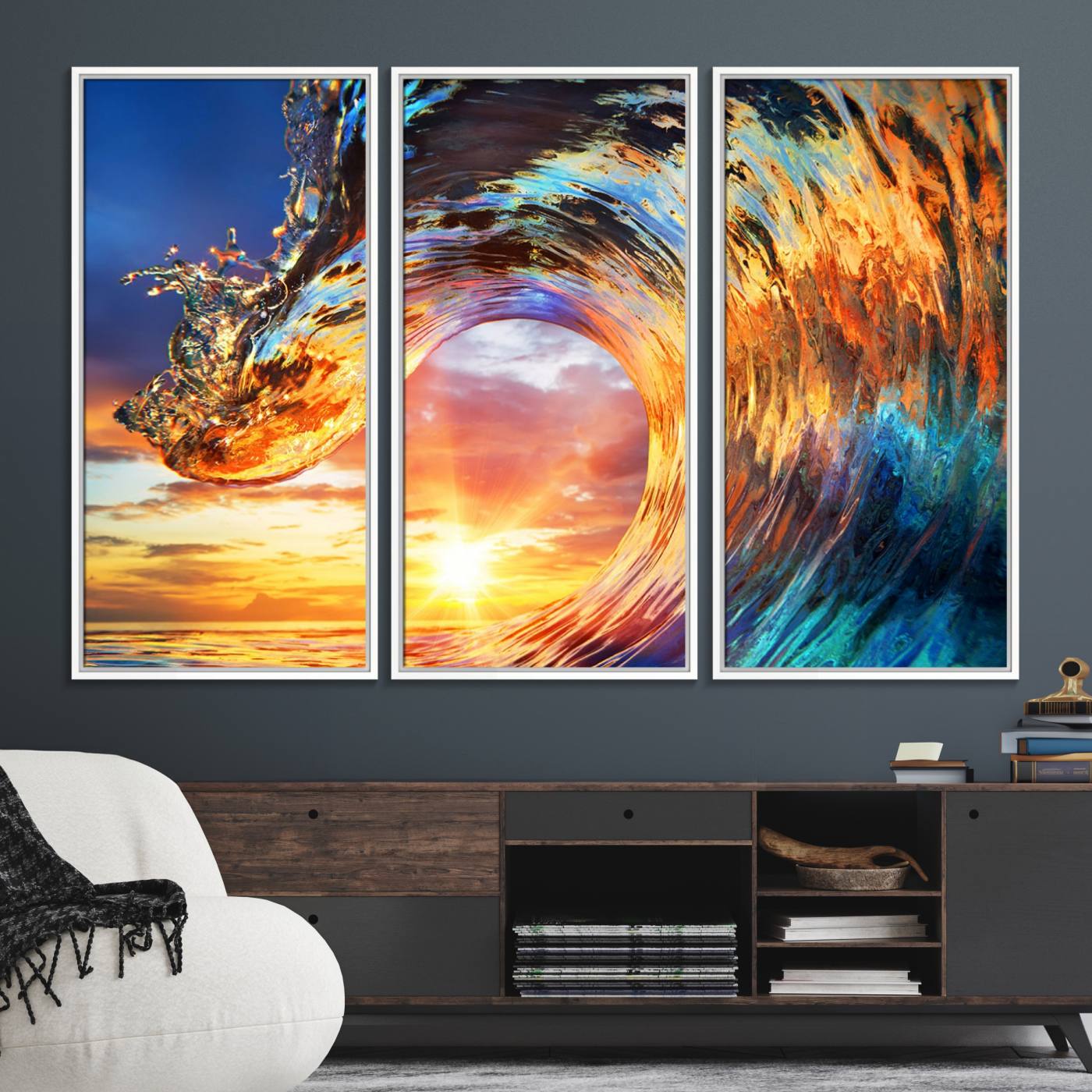 52890-MGV-FC-48X32-3P_White-Wave Canvas Wall Art – Multi-Panel Sunset Ocean Scene – Bold and Vibrant Decor for Living Room or