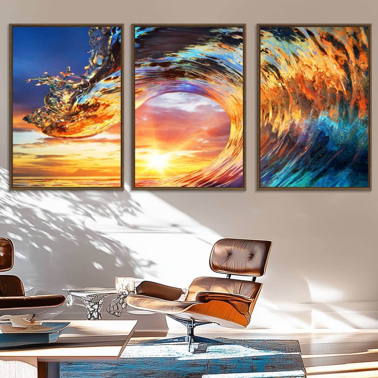 52890-MGV-FC-60X30-3P_Walnut-Wave Canvas Wall Art – Multi-Panel Sunset Ocean Scene – Bold and Vibrant Decor for Living Room or