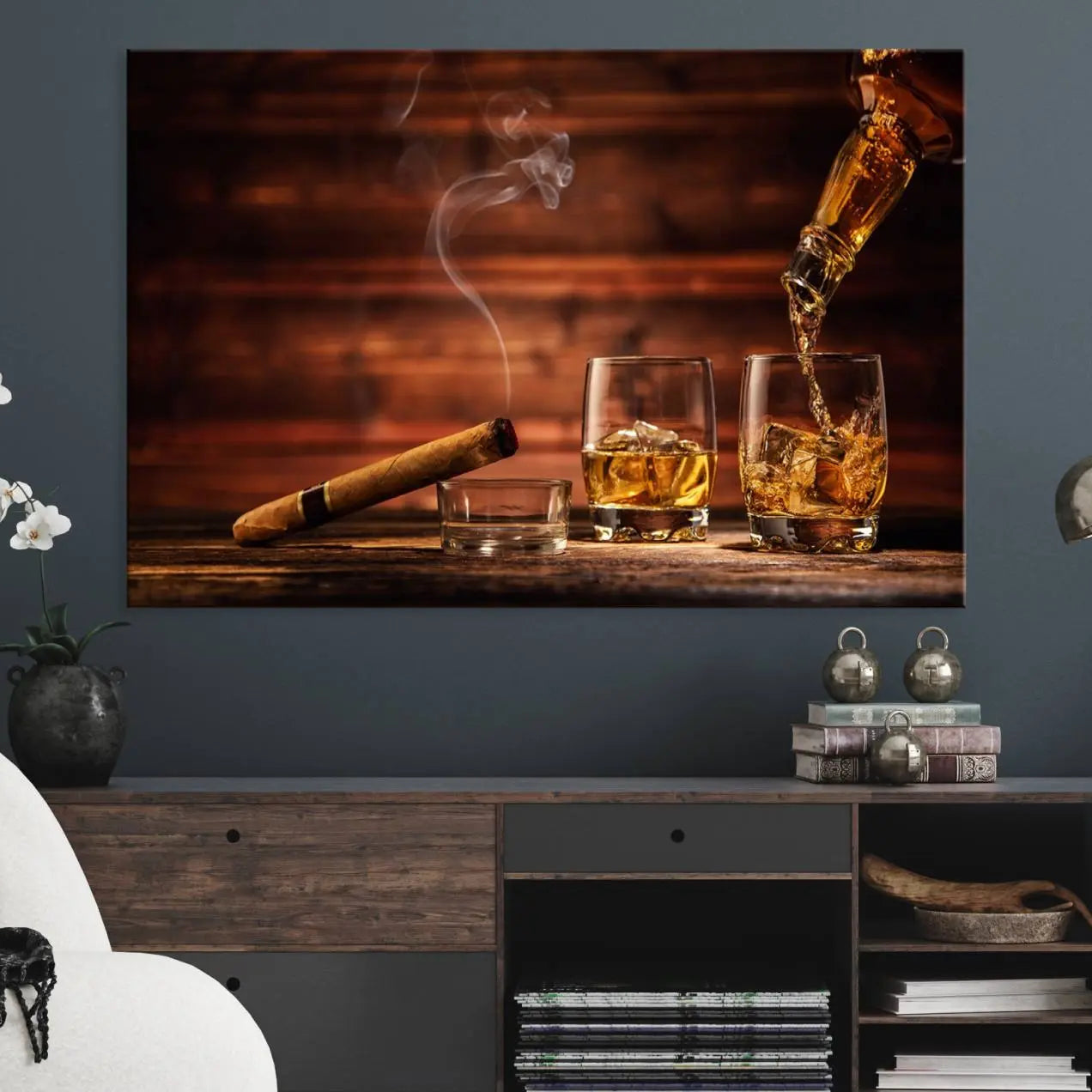 -Whiskey and Cigar Canvas Wall Art | 3 Panel Bar Room Decor for Home Lounge, Office, or Man Cave |