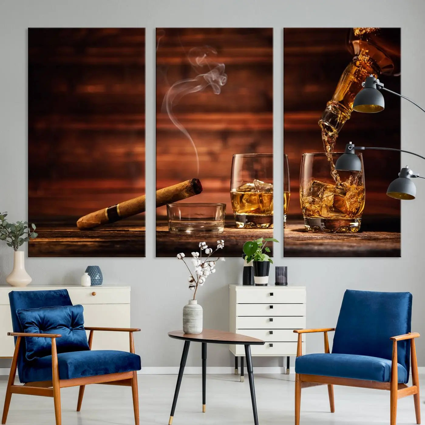 -Whiskey and Cigar Canvas Wall Art | 3 Panel Bar Room Decor for Home Lounge, Office, or Man Cave |