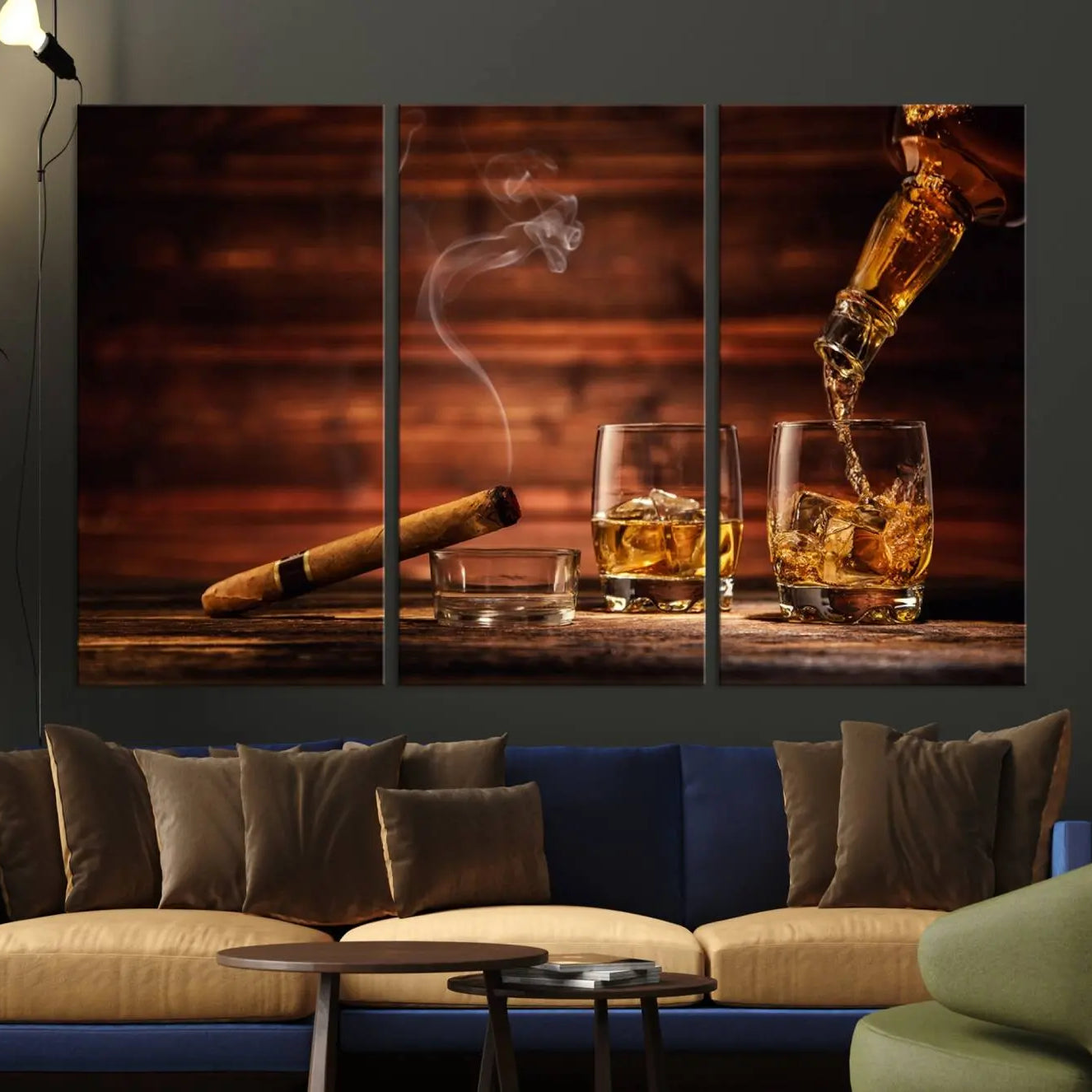41139-MGV-CV-36X24-Whiskey and Cigar Canvas Wall Art | 3 Panel Bar Room Decor for Home Lounge, Office, or Man Cave |