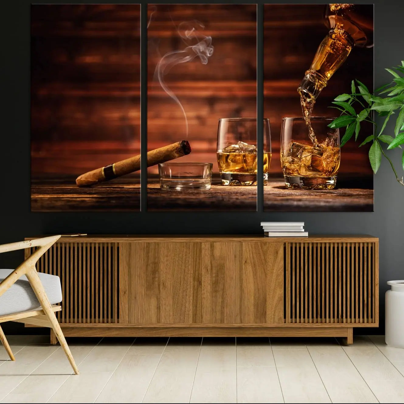 41139-MGV-CV-36X24-Whiskey and Cigar Canvas Wall Art | 3 Panel Bar Room Decor for Home Lounge, Office, or Man Cave |