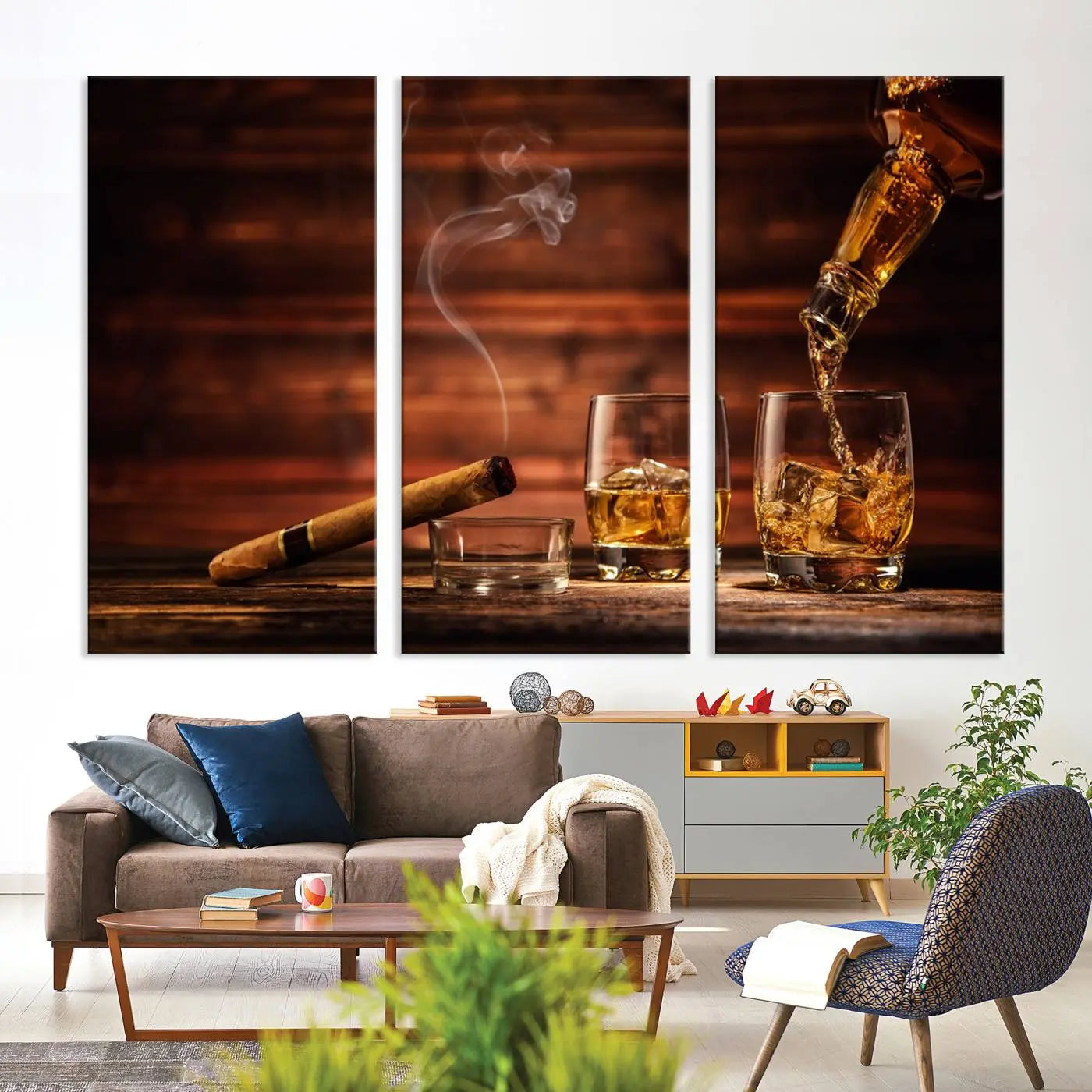 -Whiskey and Cigar Canvas Wall Art | 3 Panel Bar Room Decor for Home Lounge, Office, or Man Cave |