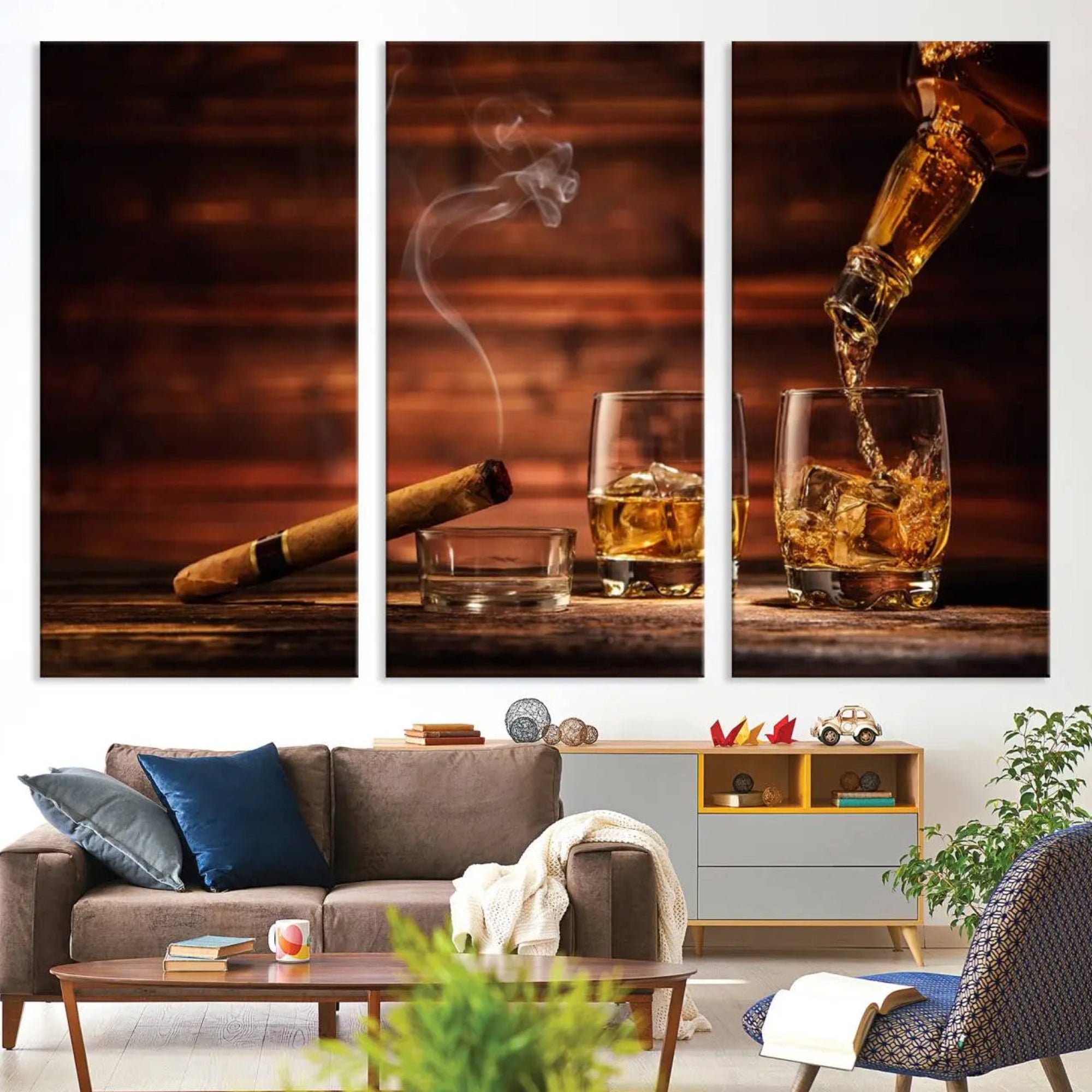 41139-MGV-CV-36X24-Whiskey and Cigar Canvas Wall Art | 3 Panel Bar Room Decor for Home Lounge, Office, or Man Cave |