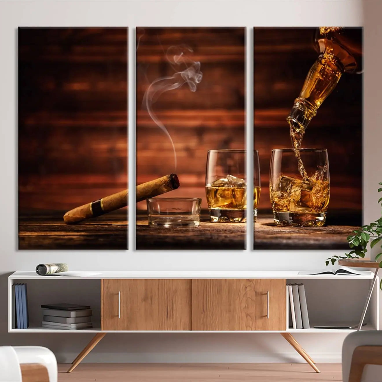 41139-MGV-CV-36X24-Whiskey and Cigar Canvas Wall Art | 3 Panel Bar Room Decor for Home Lounge, Office, or Man Cave |