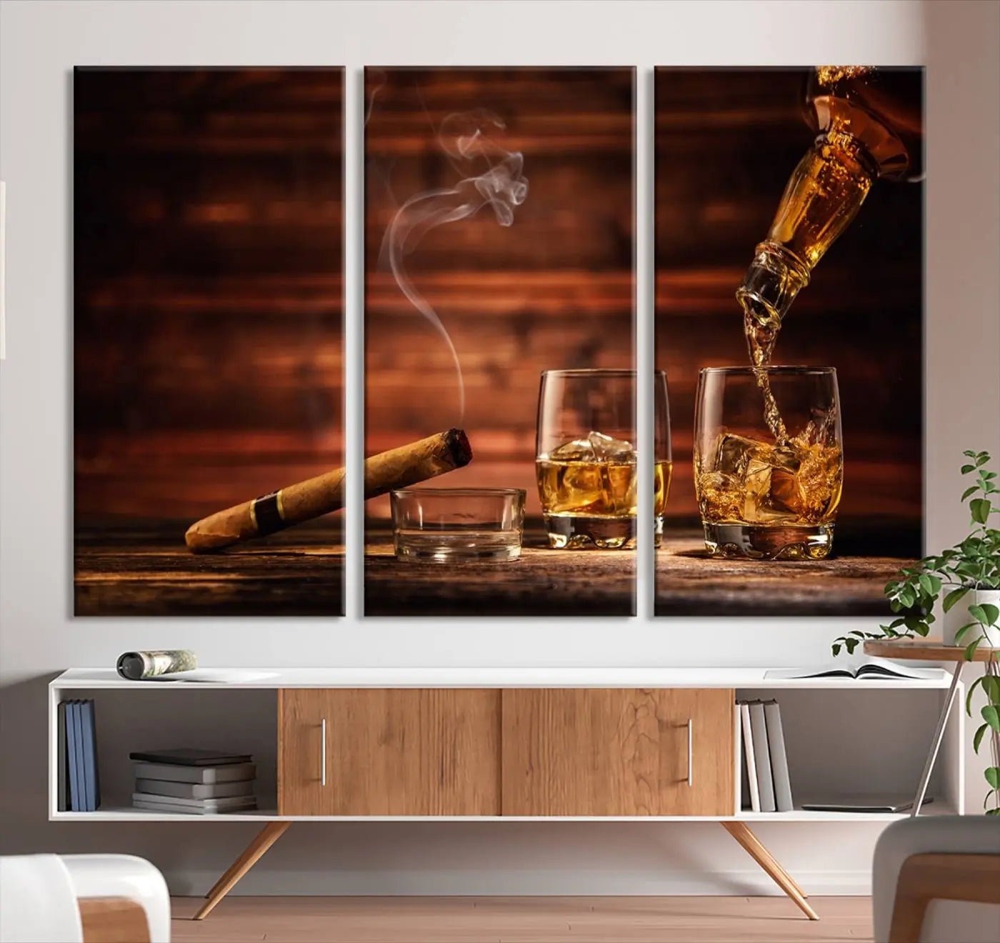 -Whiskey and Cigar Canvas Wall Art | 3 Panel Bar Room Decor for Home Lounge, Office, or Man Cave |