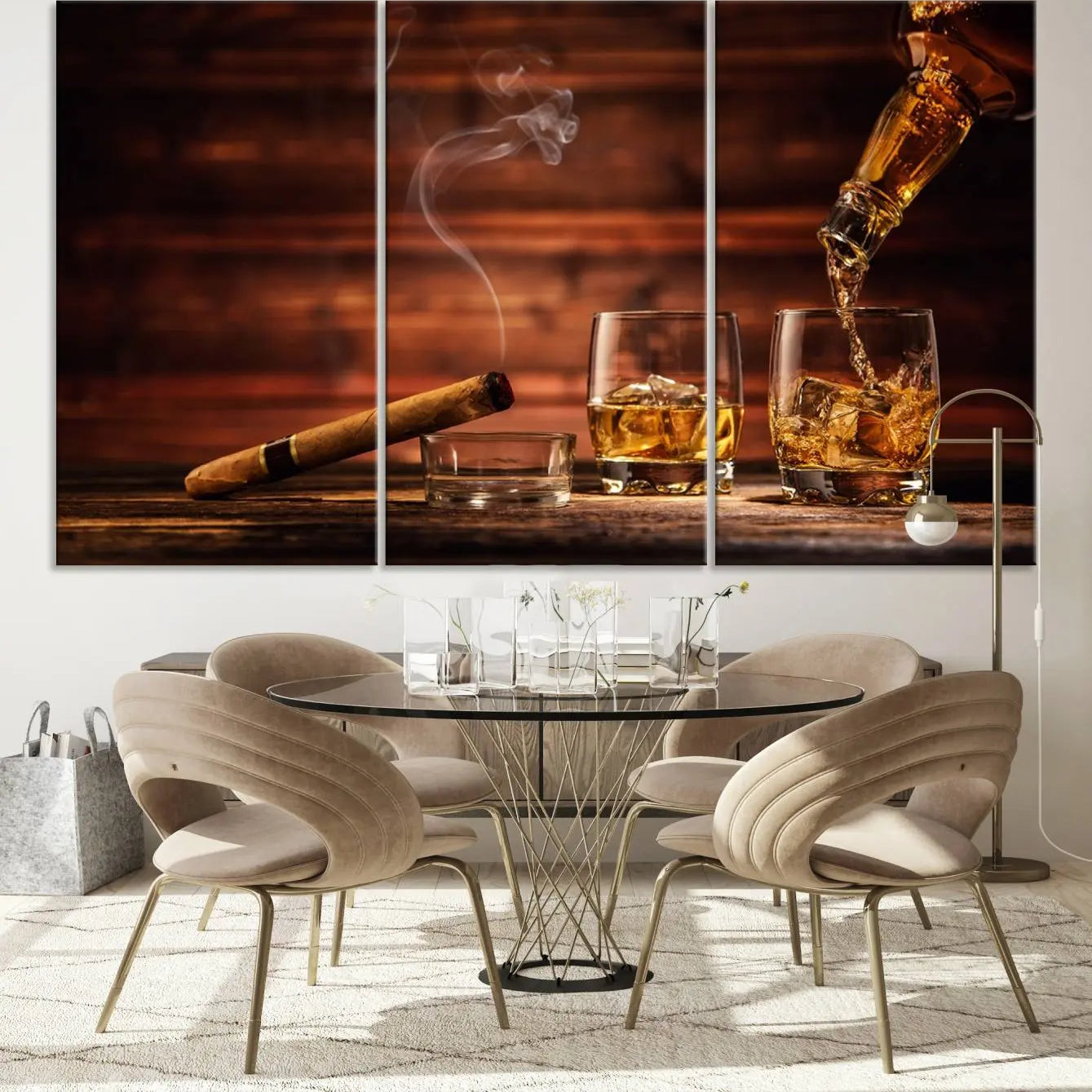 -Whiskey and Cigar Canvas Wall Art | 3 Panel Bar Room Decor for Home Lounge, Office, or Man Cave |