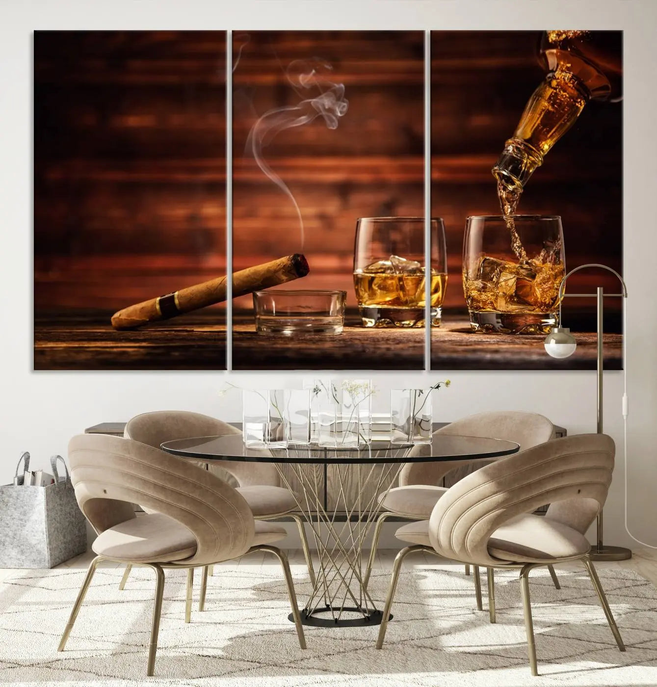 -Whiskey and Cigar Canvas Wall Art | 3 Panel Bar Room Decor for Home Lounge, Office, or Man Cave |