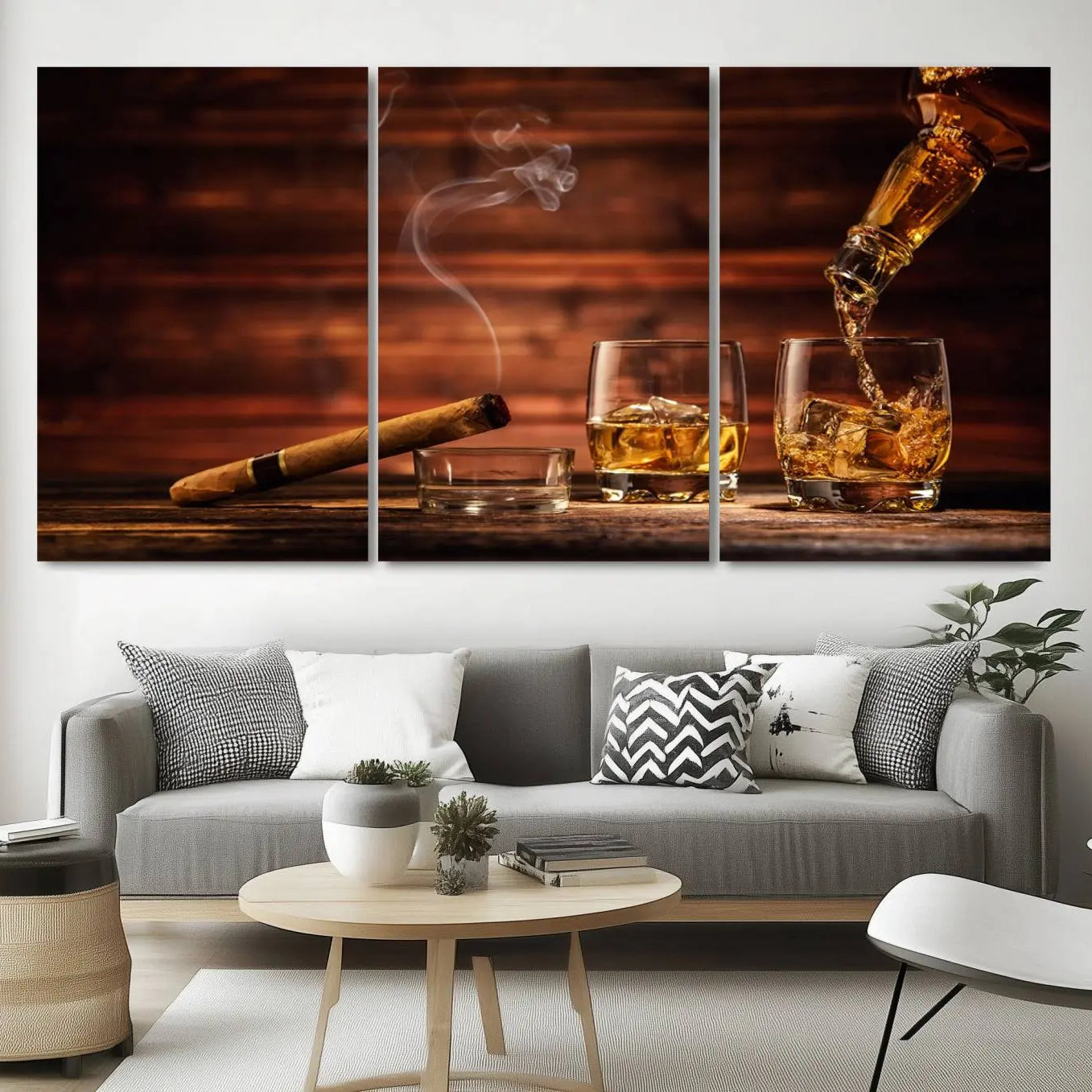 41139-MGV-CV-36X24-Whiskey and Cigar Canvas Wall Art | 3 Panel Bar Room Decor for Home Lounge, Office, or Man Cave |