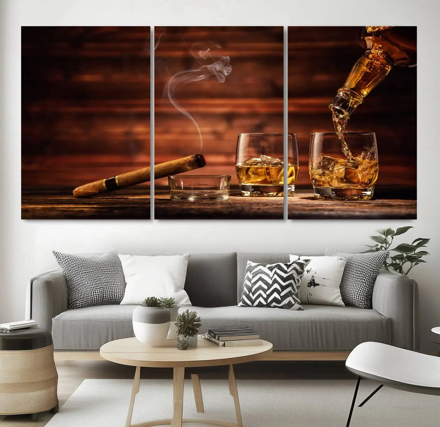 -Whiskey and Cigar Canvas Wall Art | 3 Panel Bar Room Decor for Home Lounge, Office, or Man Cave |