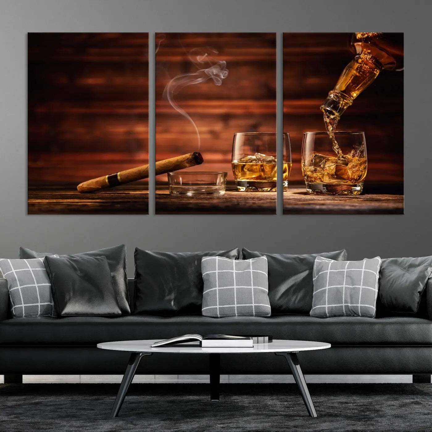 -Whiskey and Cigar Canvas Wall Art | 3 Panel Bar Room Decor for Home Lounge, Office, or Man Cave |
