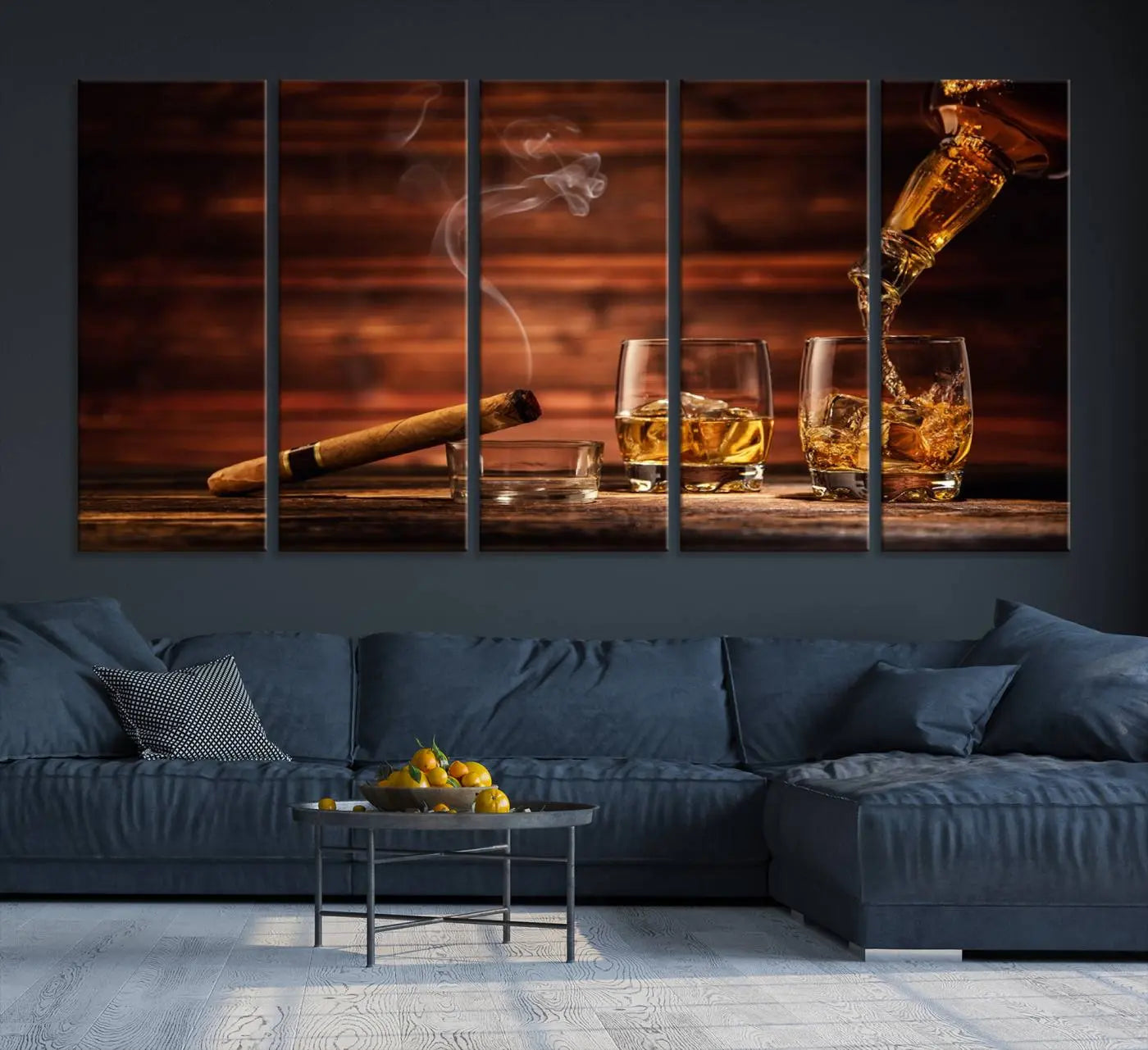 -Whiskey and Cigar Canvas Wall Art | 3 Panel Bar Room Decor for Home Lounge, Office, or Man Cave |