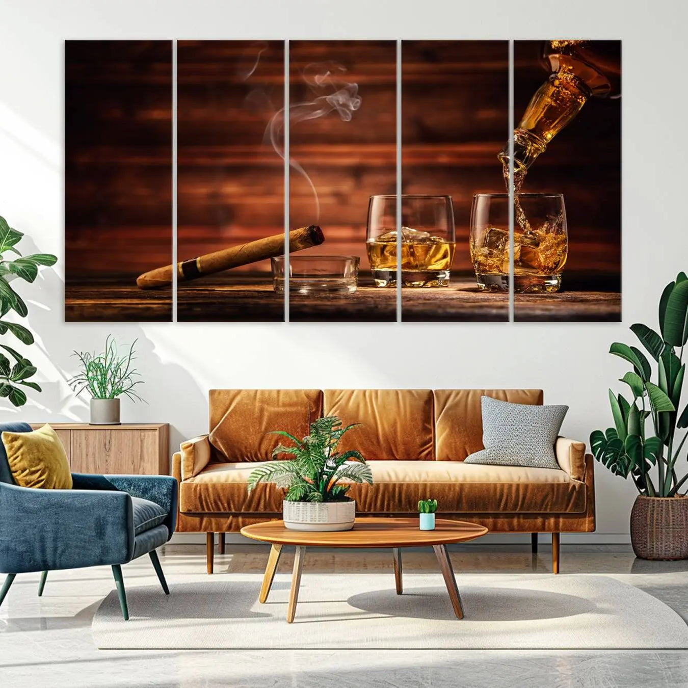 -Whiskey and Cigar Canvas Wall Art | 3 Panel Bar Room Decor for Home Lounge, Office, or Man Cave |