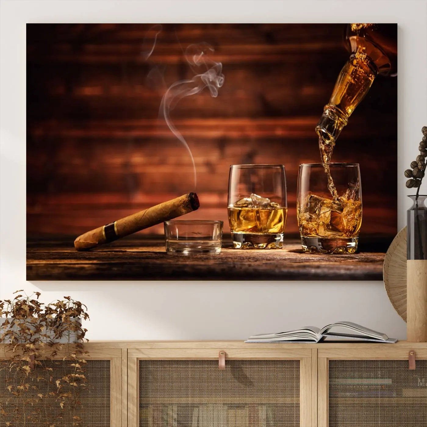 -Whiskey and Cigar Canvas Wall Art | 3 Panel Bar Room Decor for Home Lounge, Office, or Man Cave |