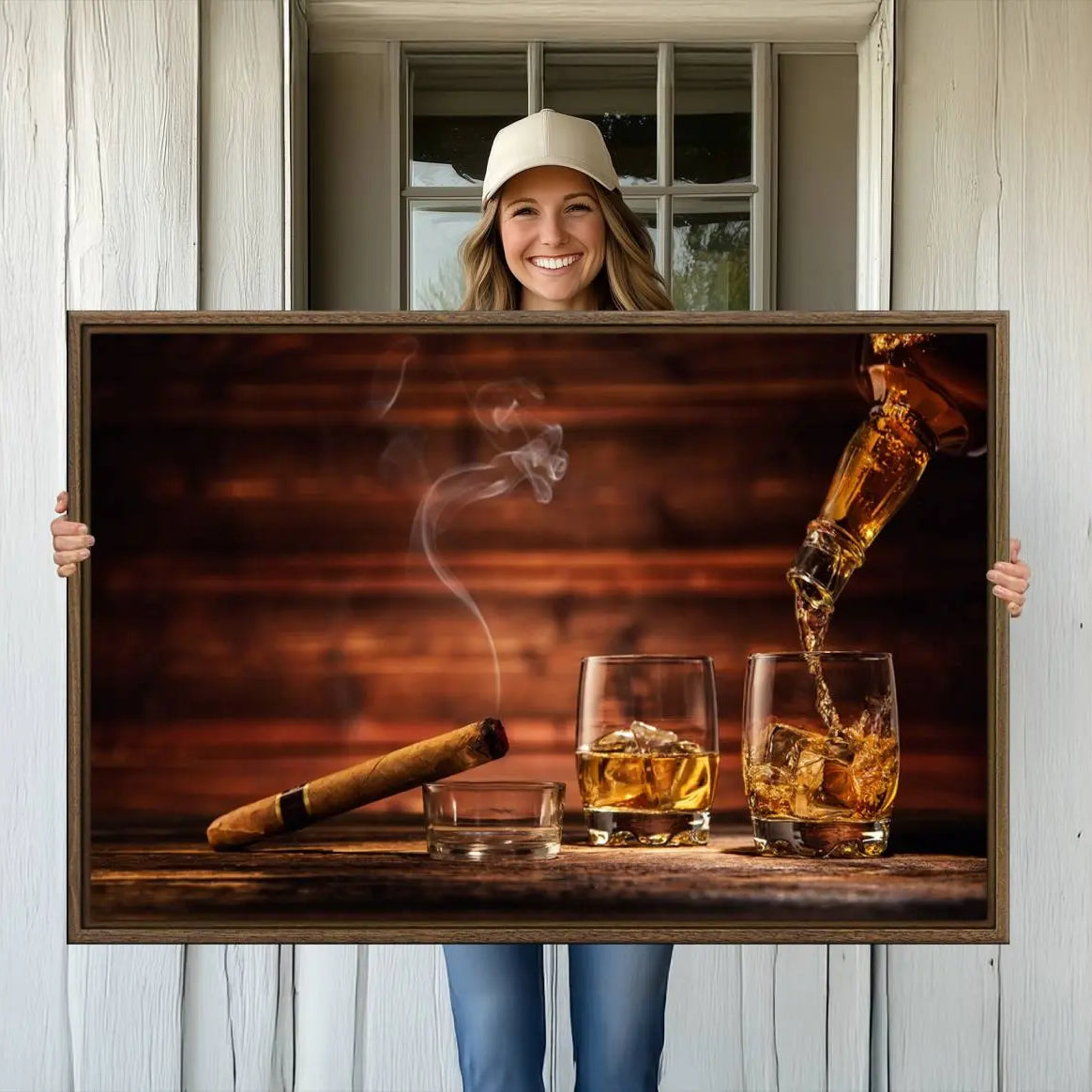 -Whiskey and Cigar Canvas Wall Art | 3 Panel Bar Room Decor for Home Lounge, Office, or Man Cave |