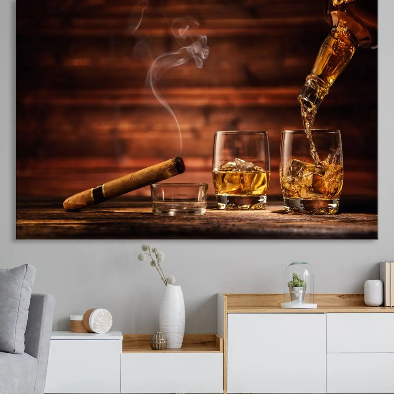 -Whiskey and Cigar Canvas Wall Art | 3 Panel Bar Room Decor for Home Lounge, Office, or Man Cave |