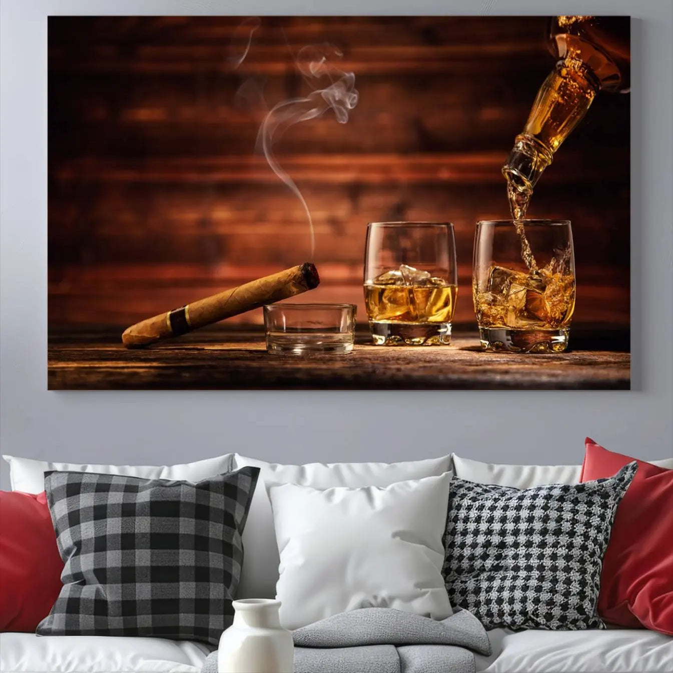 41139-MGV-CV-36X24-Whiskey and Cigar Canvas Wall Art | 3 Panel Bar Room Decor for Home Lounge, Office, or Man Cave |