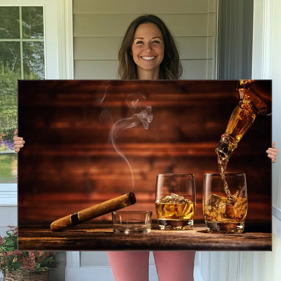 -Whiskey and Cigar Canvas Wall Art | 3 Panel Bar Room Decor for Home Lounge, Office, or Man Cave |