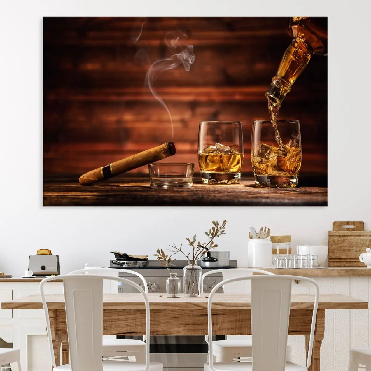 -Whiskey and Cigar Canvas Wall Art | 3 Panel Bar Room Decor for Home Lounge, Office, or Man Cave |