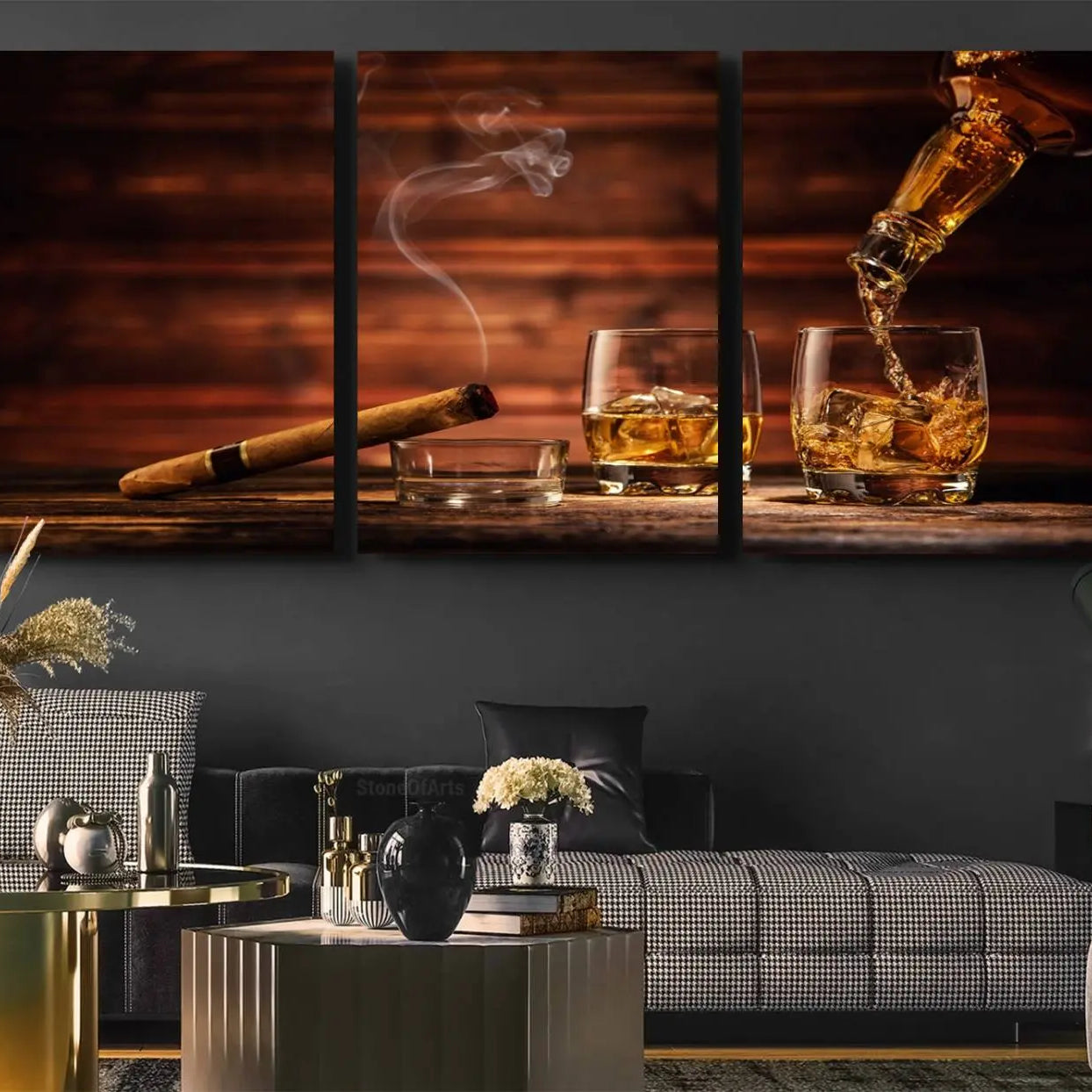 41139-MGV-CV-60X30-3P-Whiskey and Cigar Canvas Wall Art | 3 Panel Bar Room Decor for Home Lounge, Office, or Man Cave |