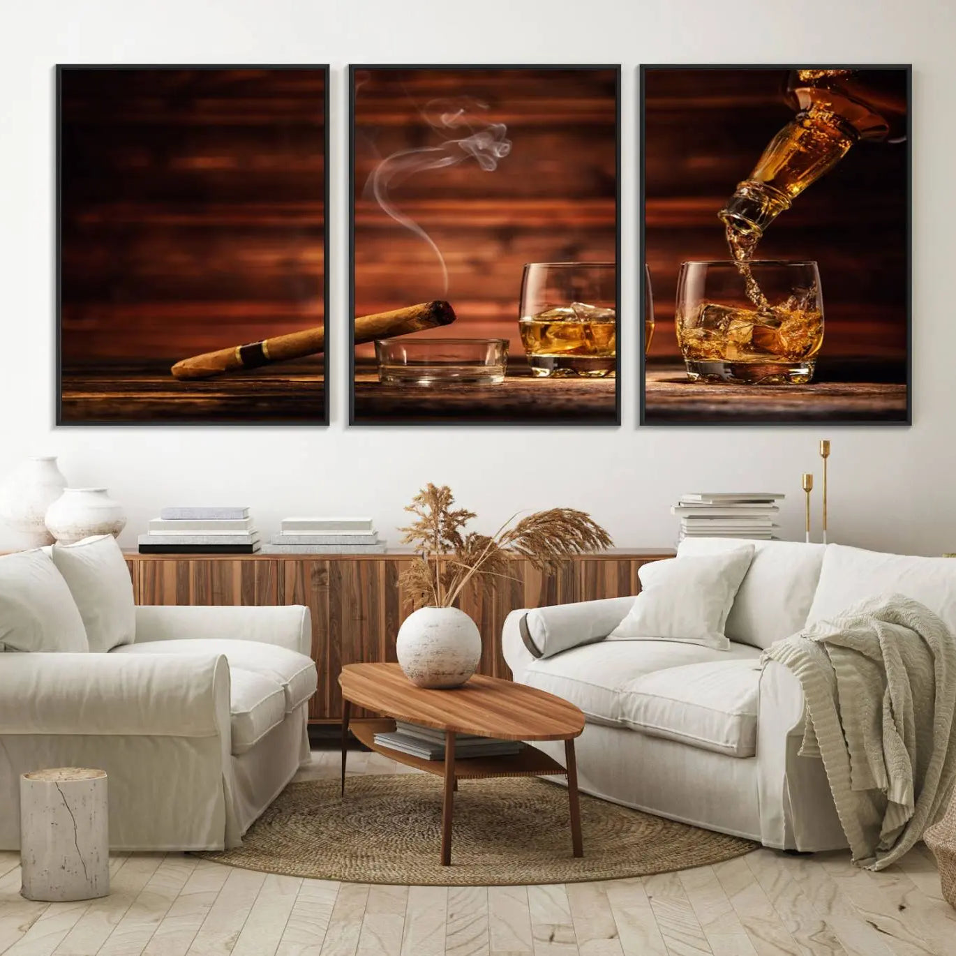 41139-MGV-FC-60X30-3P_Black-Whiskey and Cigar Canvas Wall Art | 3 Panel Bar Room Decor for Home Lounge, Office, or Man Cave |