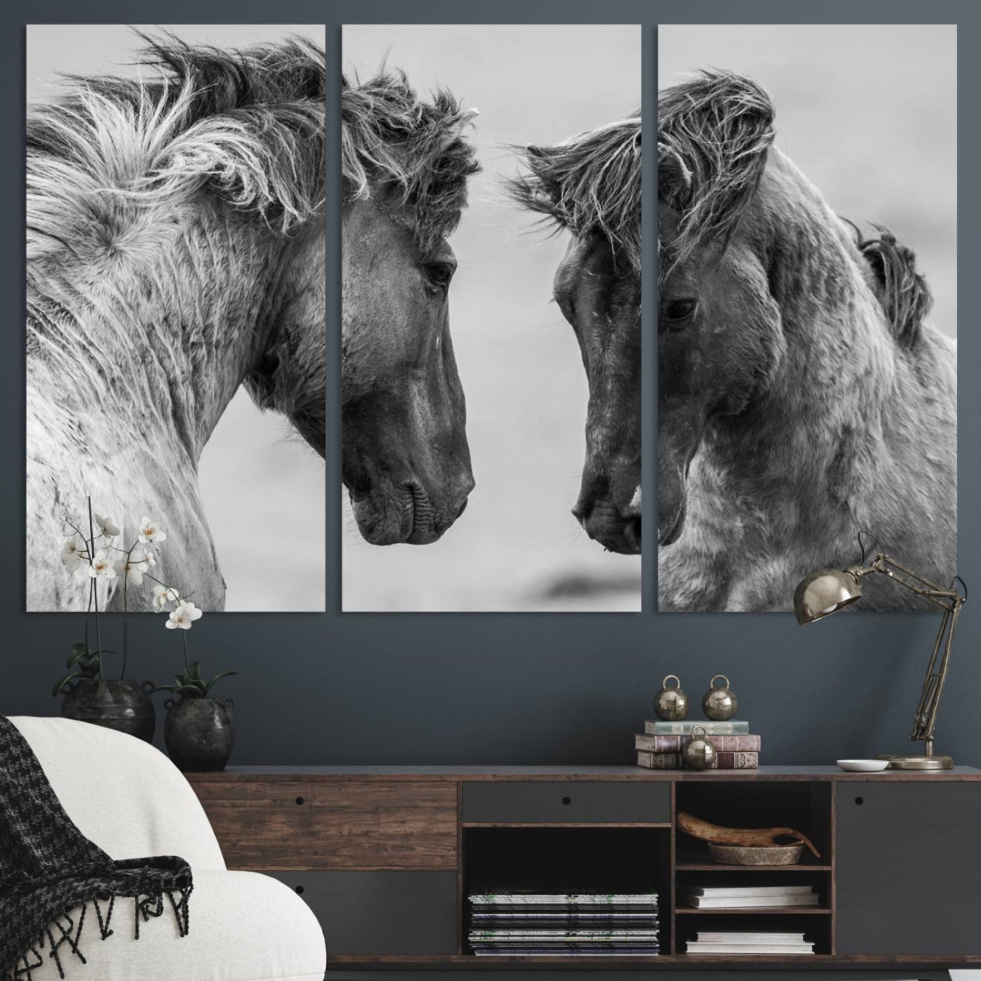 48234-MGV-CV-48X32-3P-White Horses Wall Art Canvas Print