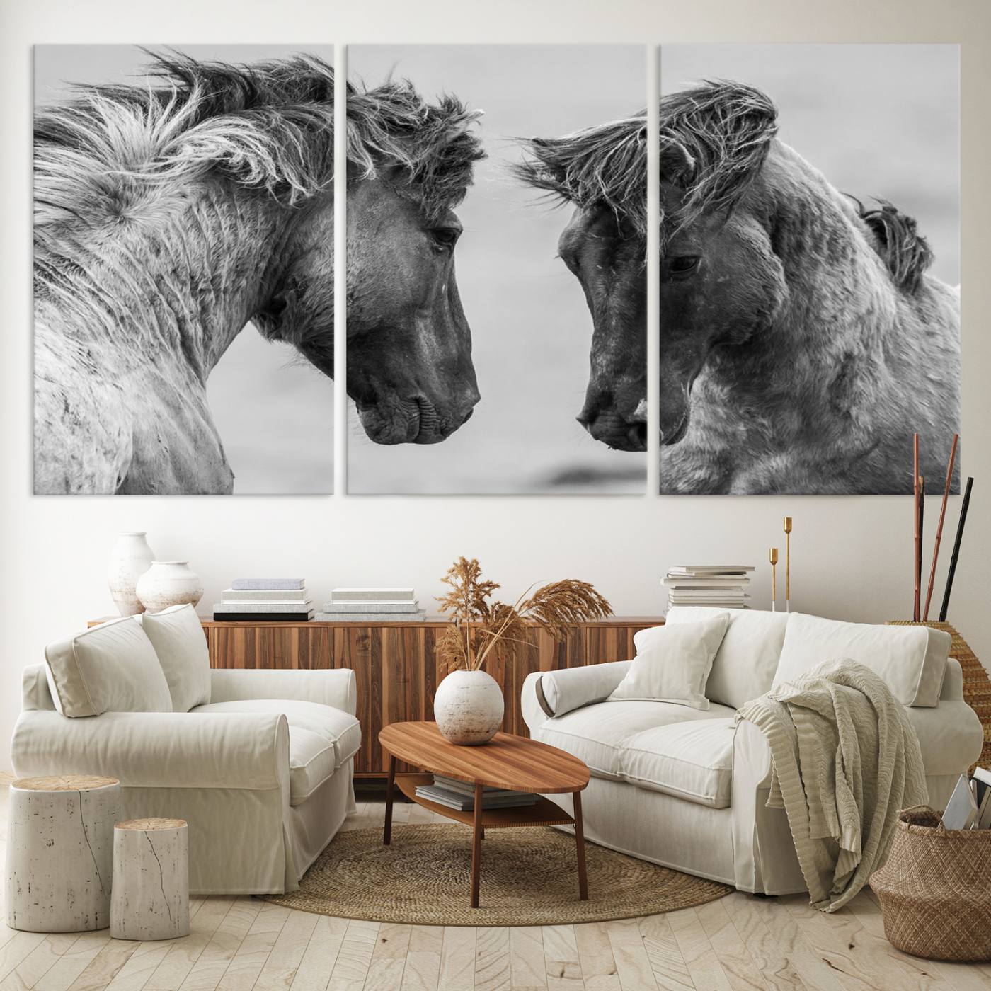 48234-MGV-CV-60X30-3P-White Horses Wall Art Canvas Print