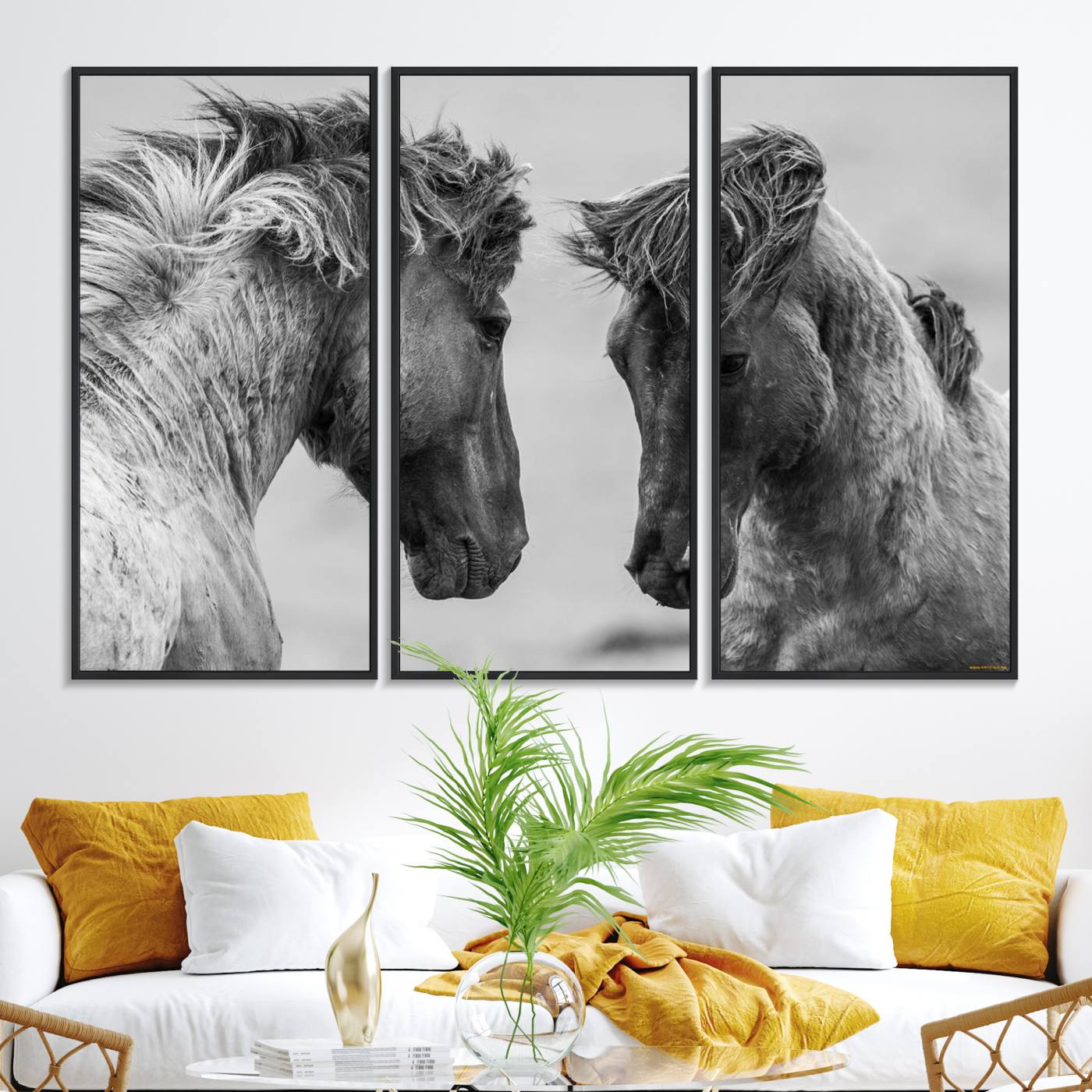 48234-MGV-FC-48X32-3P_Black-White Horses Wall Art Canvas Print