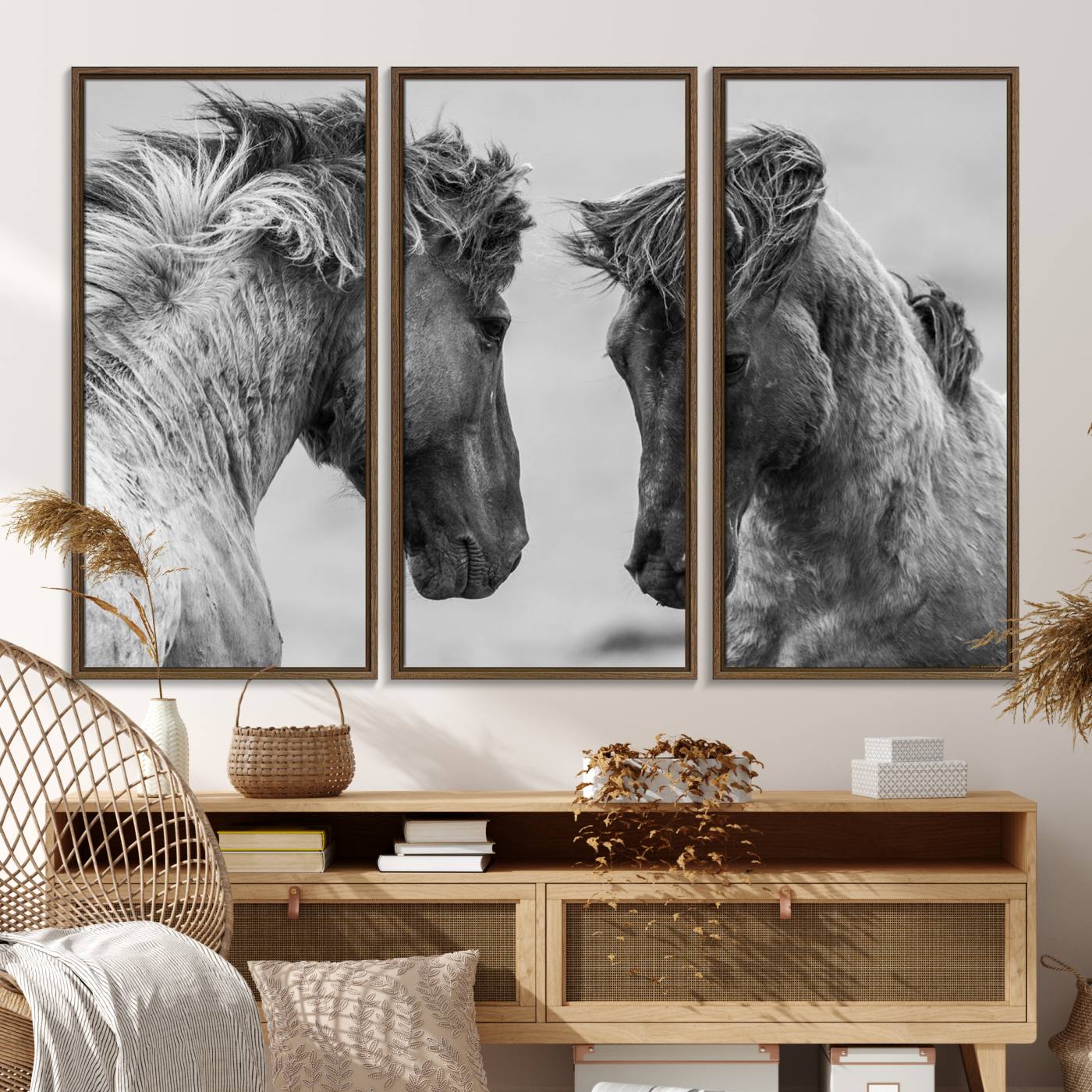 48234-MGV-FC-48X32-3P_Walnut-White Horses Wall Art Canvas Print